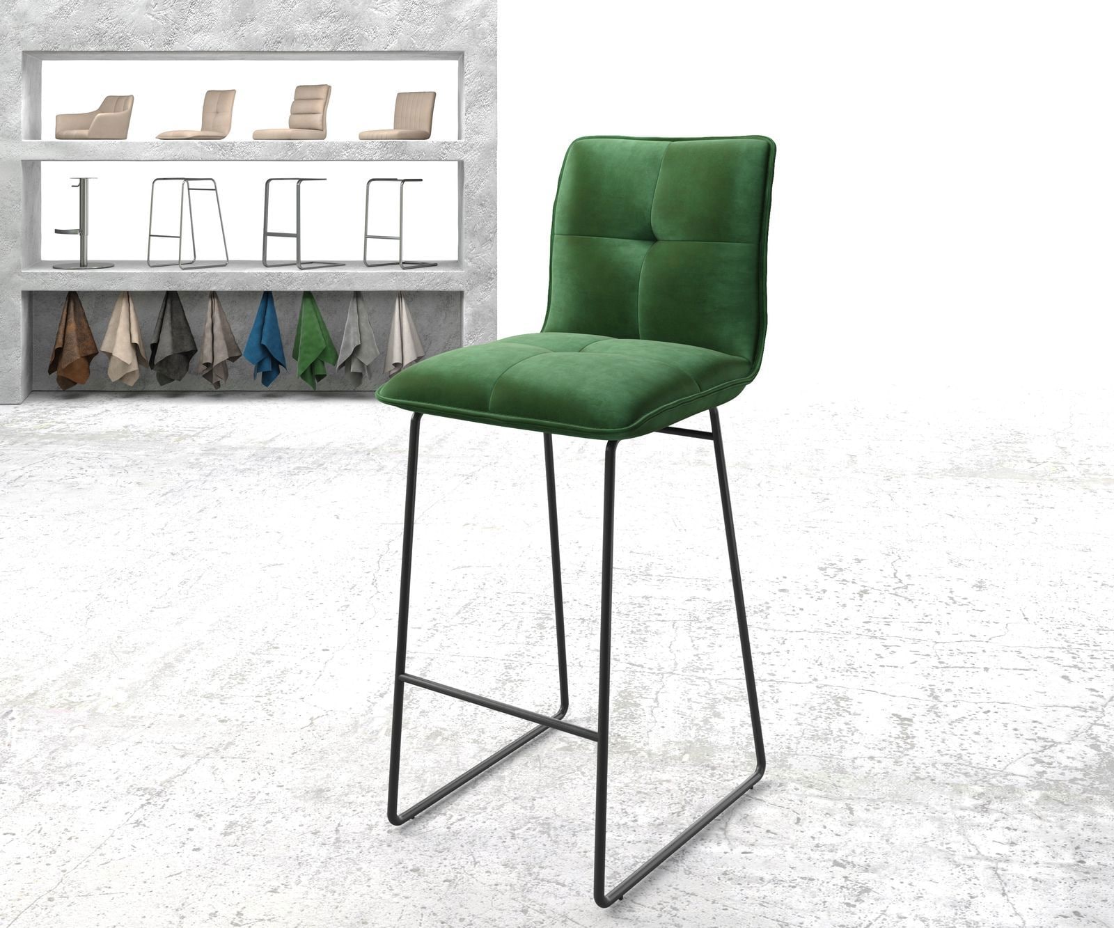 Barstoel Maddy-Flex fluweel groen slipframe metaal Barstoel Maddy-Flex fluweel groen slipframe metaal