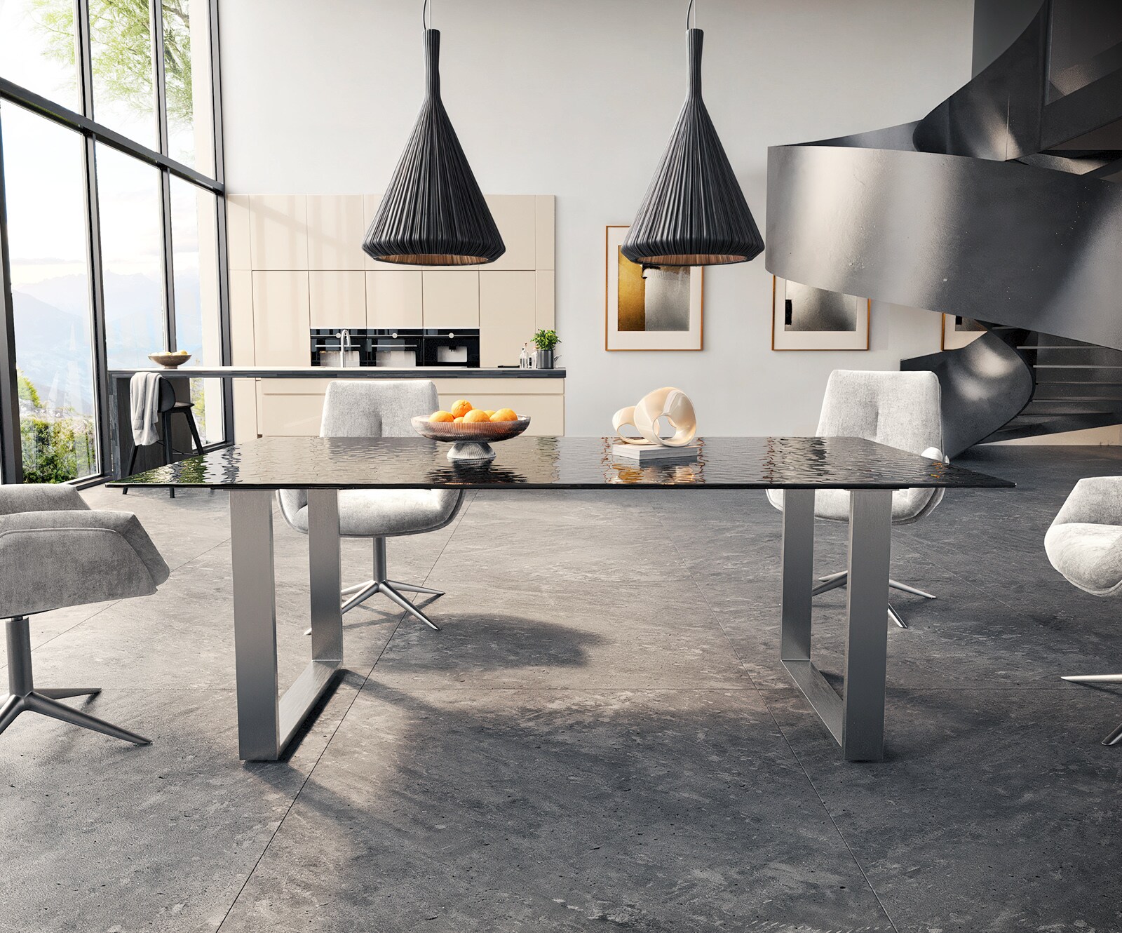 Eetkamertafel Edge 200x100 Glas smelten rokerig zwart 3D-Relief RVS Schmal 1 Eetkamertafel Edge 200x100 Glas smelten rokerig zwart 3D-Relief RVS Schmal 1