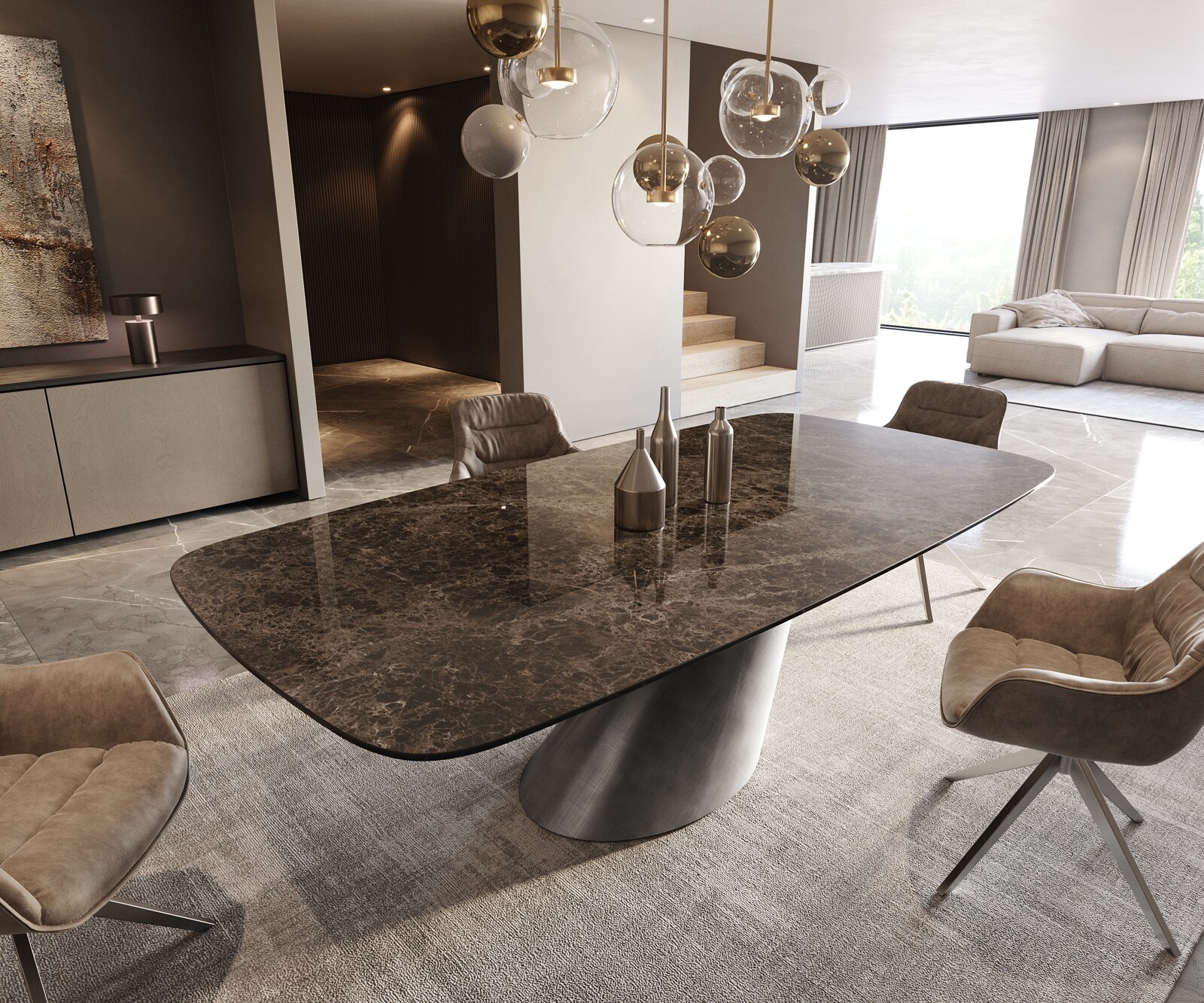 Eettafel Edge Boot Keramiek Emperador Extra Lucidato Donkerbruin 240x120 Cono Metallic Zilver