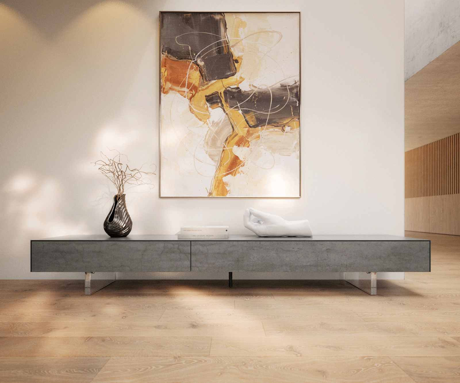 Tv-meubel Cuor 250 cm Keramiek Beton Grijs 1 Flap 1 Laden Zwevende voet look Acrylglas 2