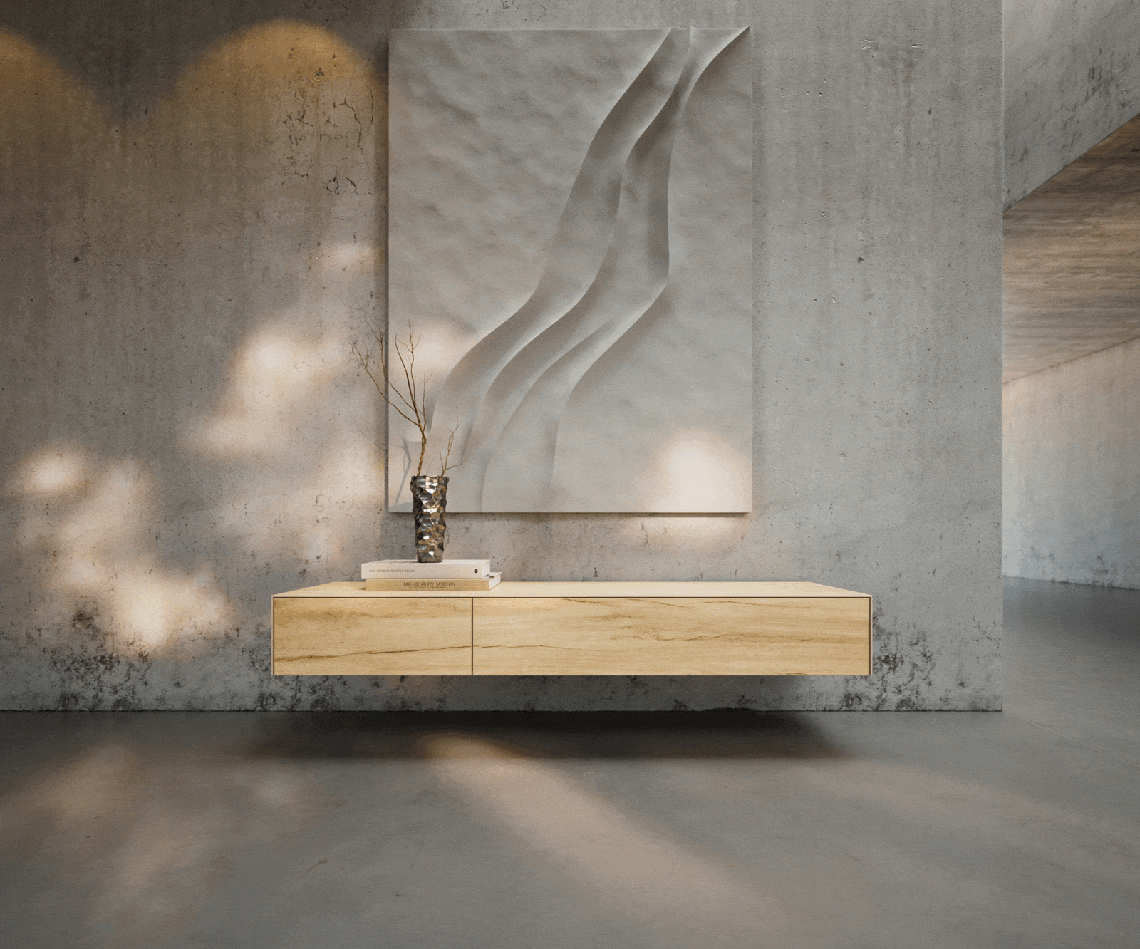 Tv-meubel Cuor 150 cm Keramiek Laminam® Sabbia Eiken gekleurd 1 Flap 1 Lade Zwevend 1