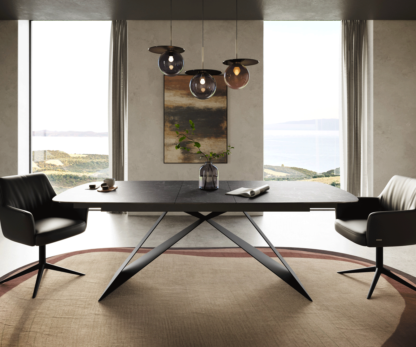 Eettafel Edge Boot 180-220x100 cm Keramiek Laminam® Nero Greco Anthrazit V-onderstel Flachstahl Zwart uitschuifbaar 2