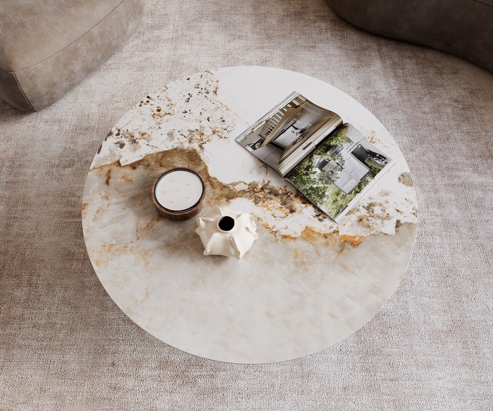 Salontafel Edge rond 100x100 cm keramiek Minas Melange Sarity Metall effectafwerking titaan 3