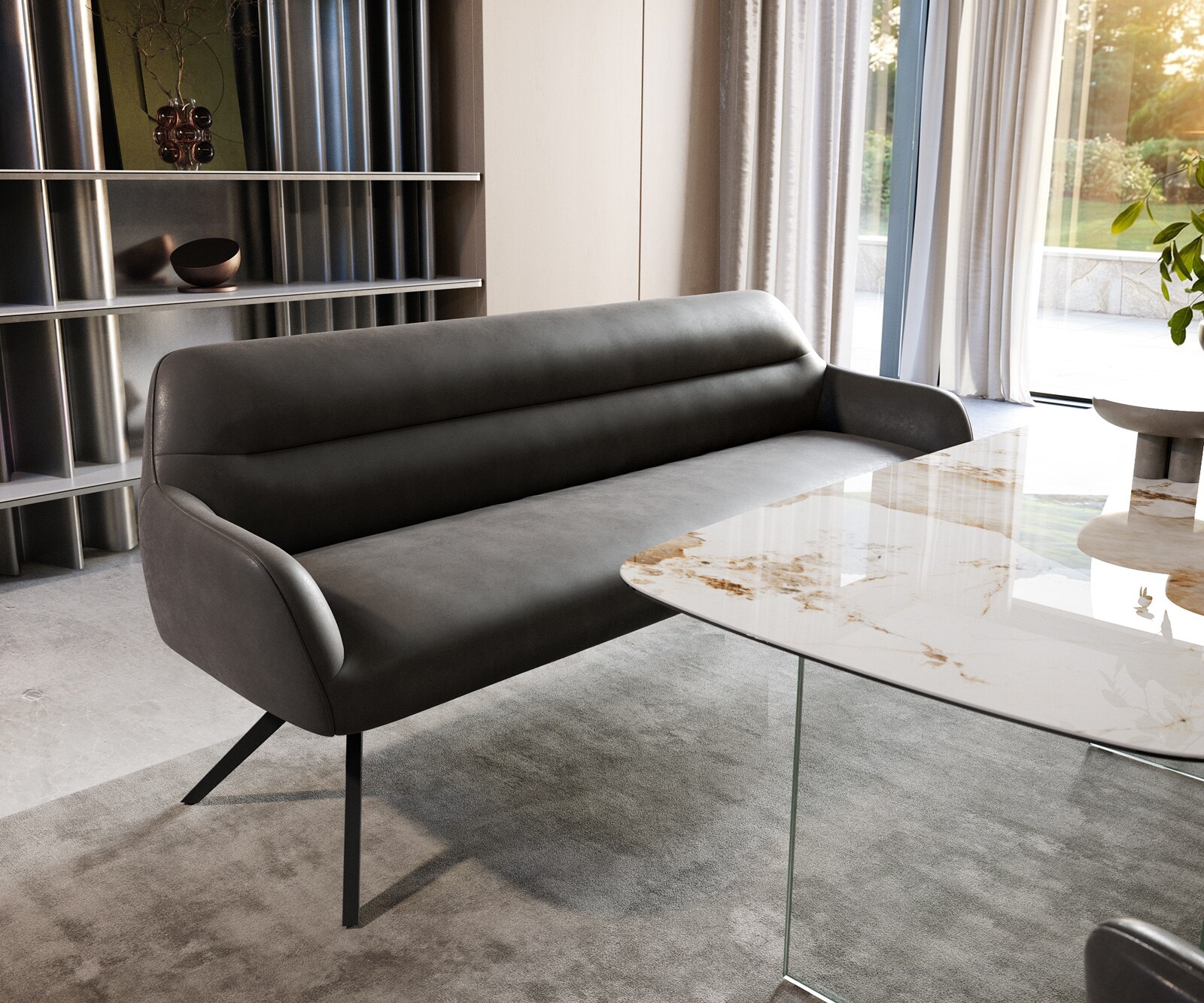 Eetkamerbank Taya-Flex 200 cm microvelours anthraciet vintage hoekig kruisframe zwart pocketvering