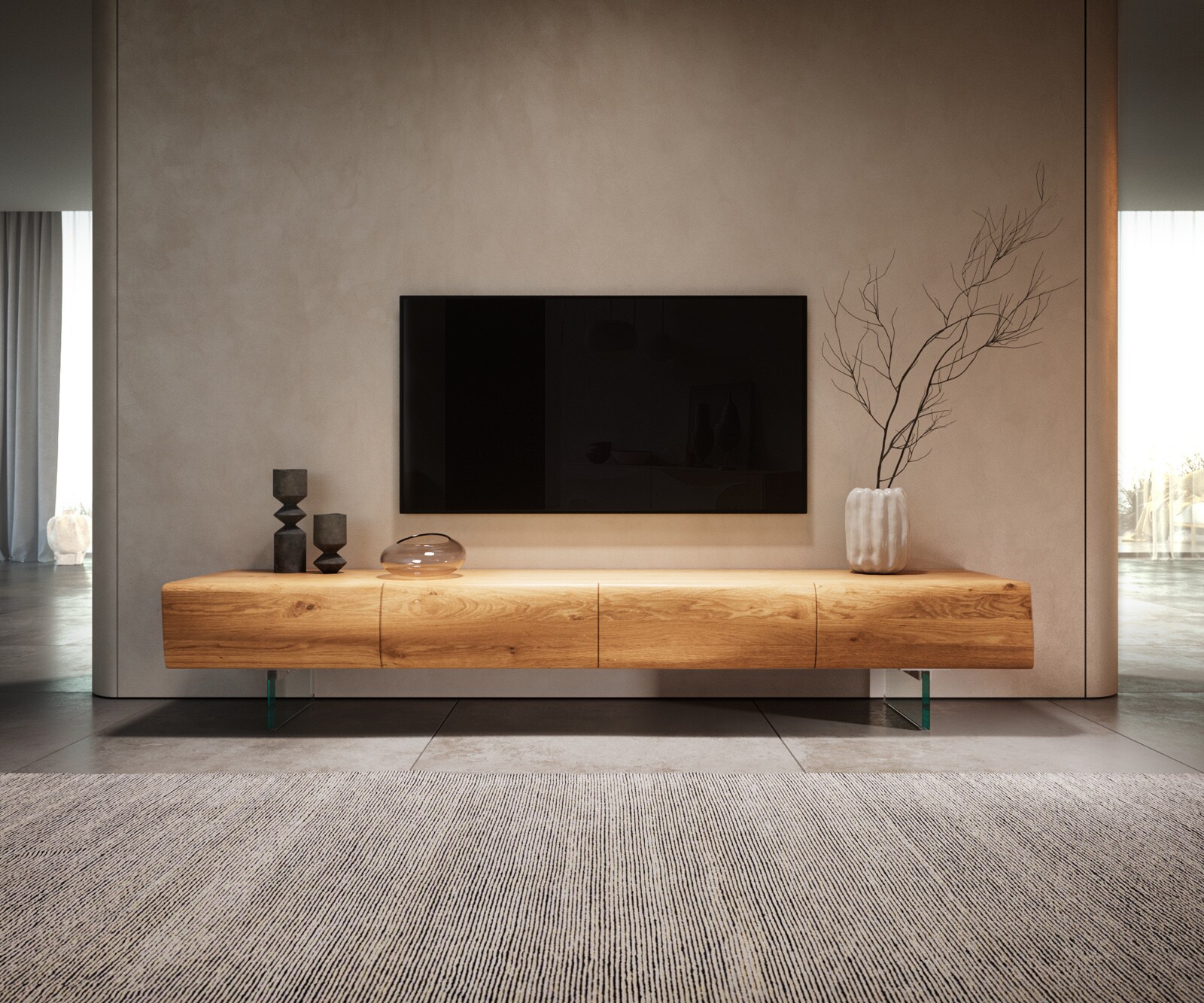 Tv-meubel New Live-Edge 200 cm eiken natuur 4 deuren glasplaat