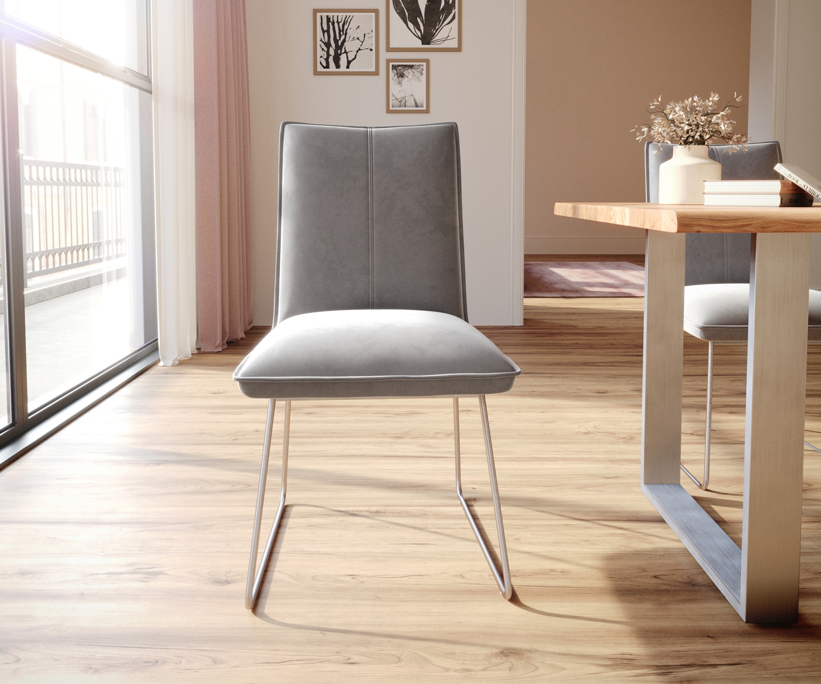 Eetkamerstoel Lelio-Flex fluweel grijs slipframe roestvrij staal pocketveer kern 2
