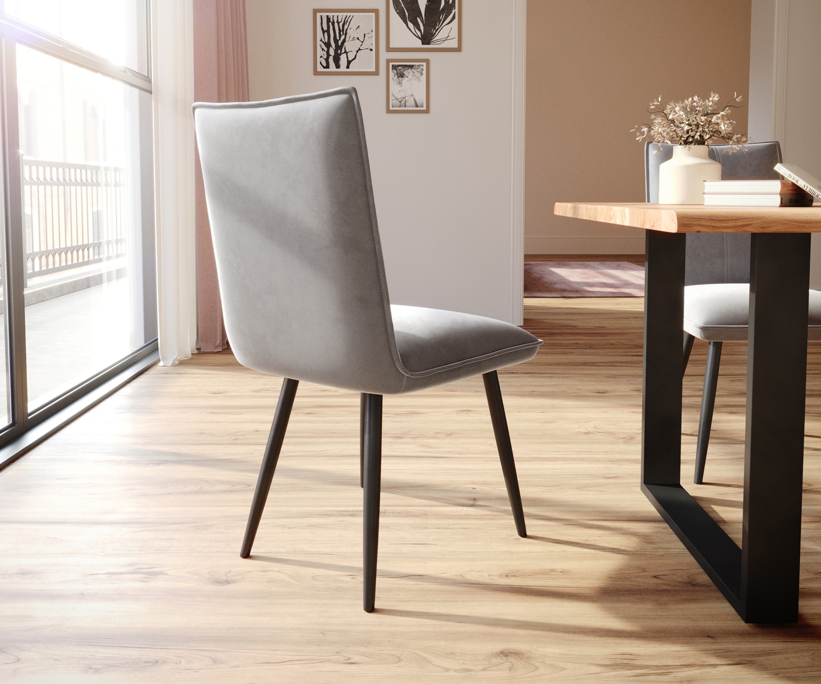 Eetkamerstoel Lelio-Flex fluweel grijs 4-poot conisch zwart pocketveer kern 4 Eetkamerstoel Lelio-Flex fluweel grijs 4-poot conisch zwart pocketveer kern 4