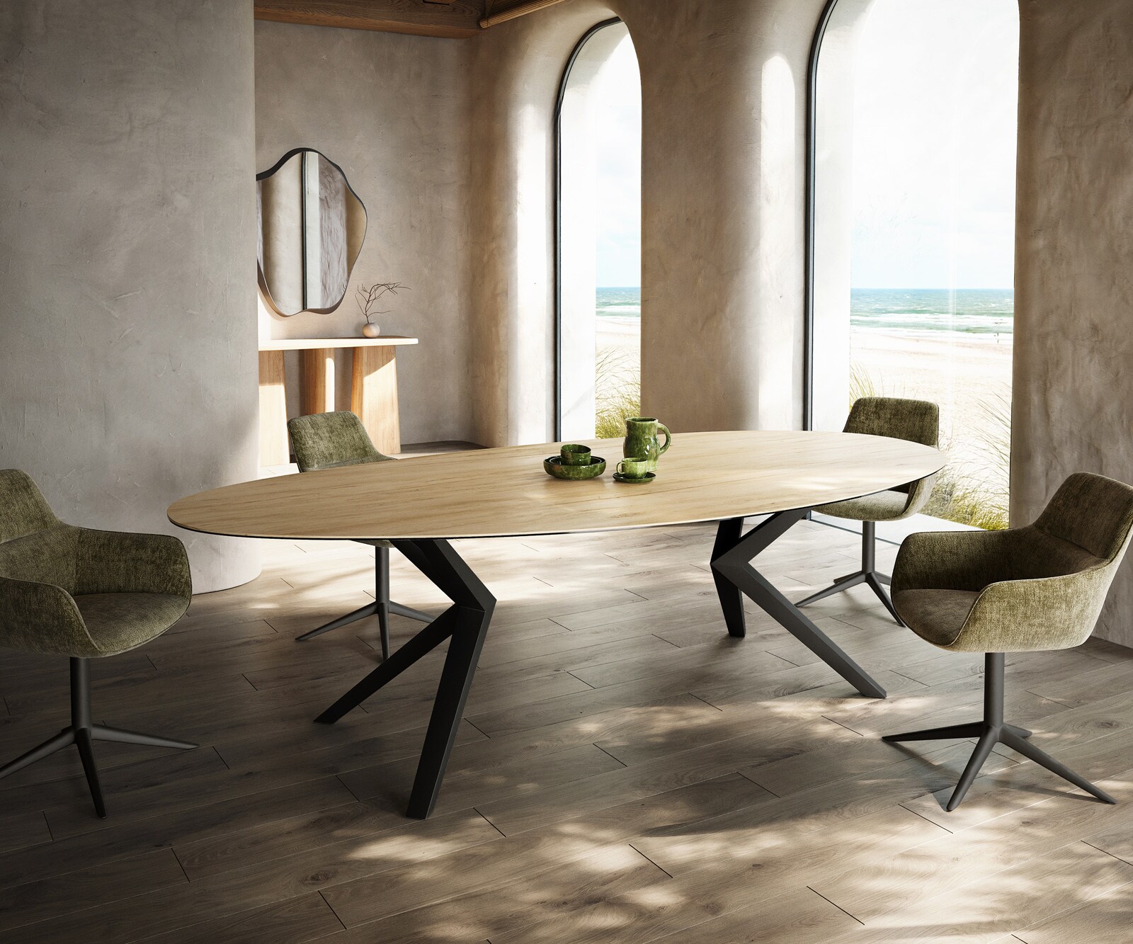 Eetkamertafel Edge ovaal 280x130 keramiek Laminam® Sabbia eiken kleur Zenthara hoekig metaal zwart 1