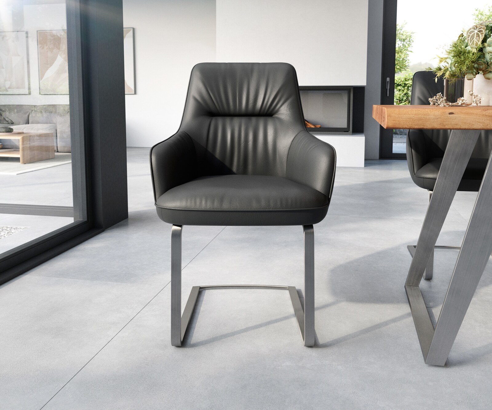 Sledemodel Zelia-Flex met armleuning echt leer zwart sledemodel vlak roestvrij staal pocketveer kern 1 Sledemodel Zelia-Flex met armleuning echt leer zwart sledemodel vlak roestvrij staal pocketveer kern 1