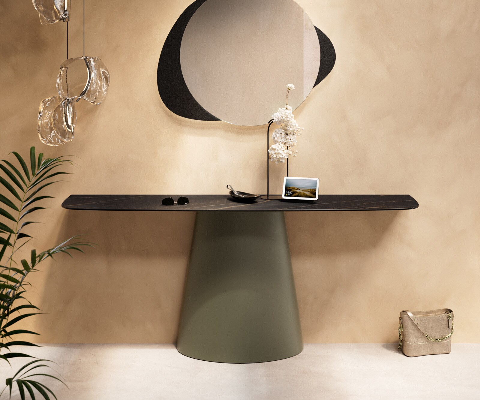 Consoletafel Edge Bootvorm 180x40 cm Keramiek Laminam® Noir Desir Braun Conos Metaal Effektfinish Titan 2