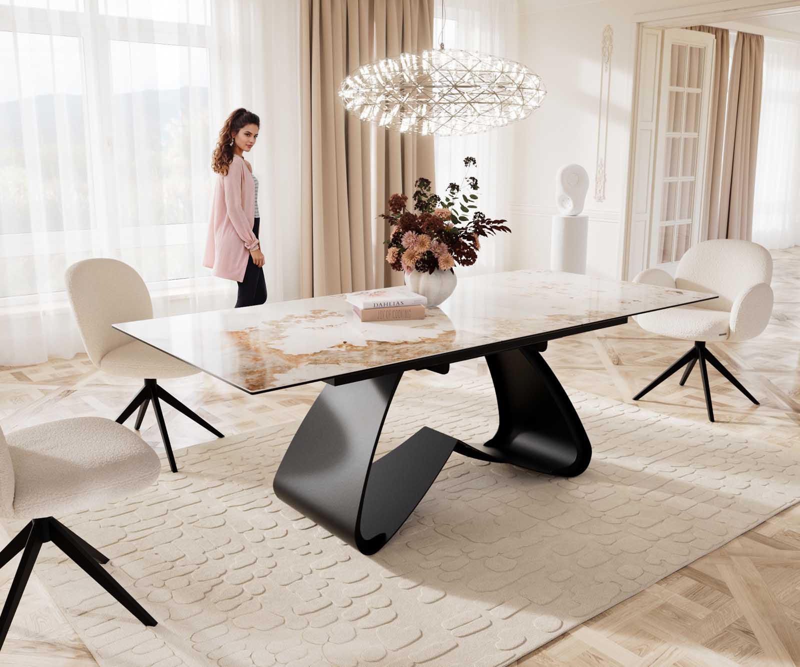 Eetkamertafel Edge 180-220x100 keramiek Minas Melange wit-beige W-frame zwart uitschuifbaar 1