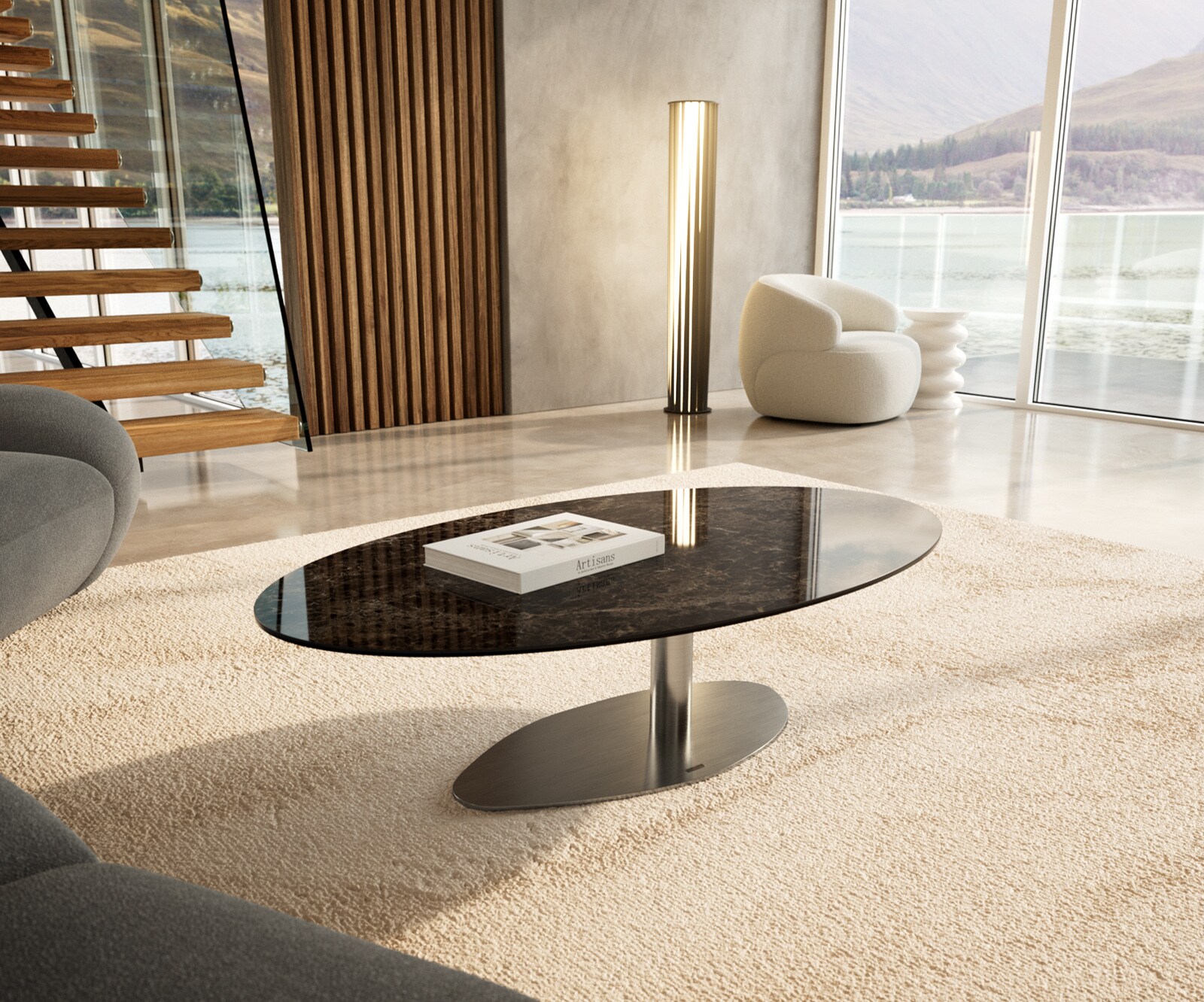 Salontafel Edge Oval 140x80 cm keramiek Laminam® Emperador Extra Lucidato donkerbruin Vibany geborsteld roestvrij staal 1