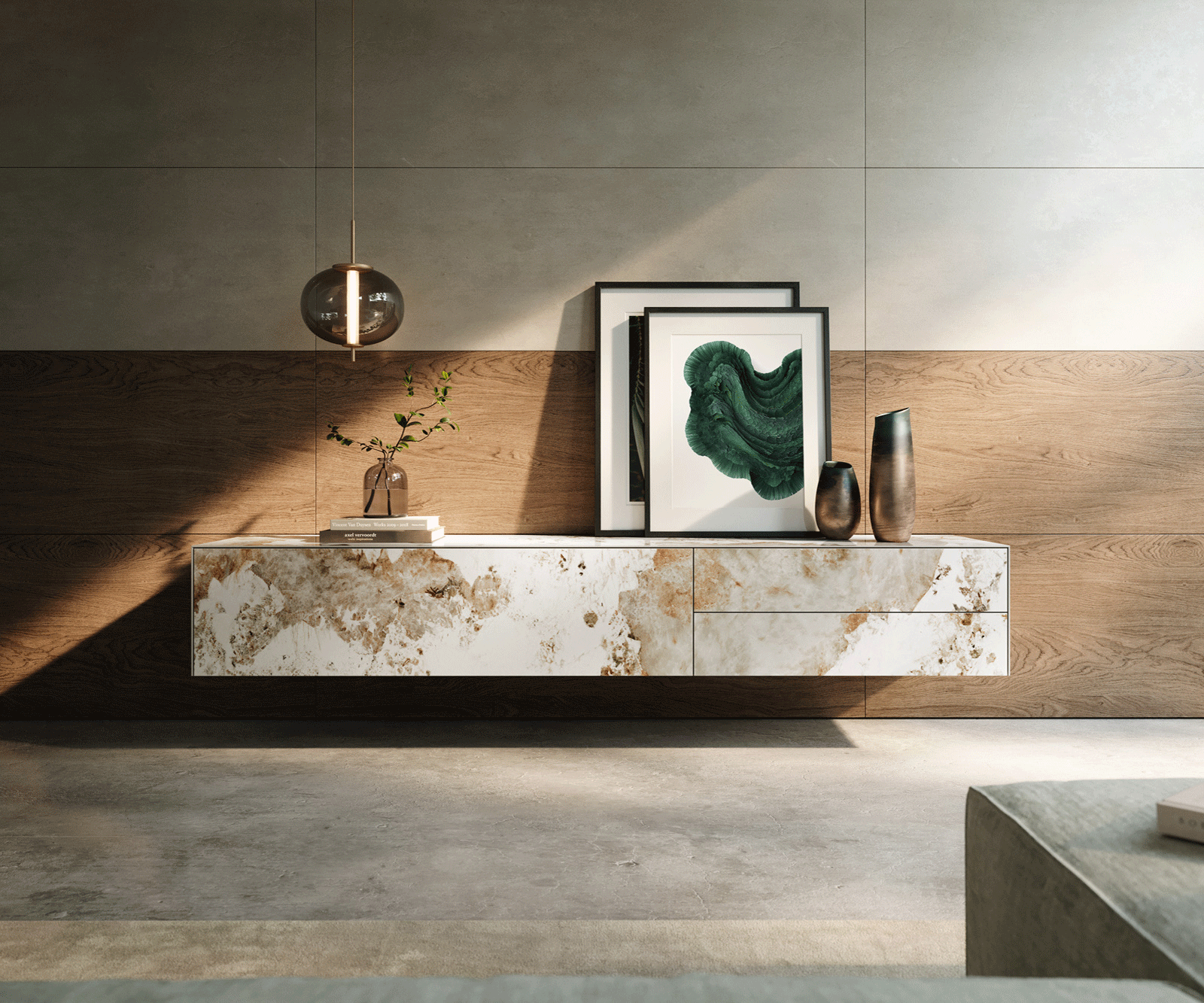 Tv-meubel Cuor 220 cm Keramiek Minas Melange Wit-beige 1 Flap 2 Laden Zwevend 1 Tv-meubel Cuor 220 cm Keramiek Minas Melange Wit-beige 1 Flap 2 Laden Zwevend 1