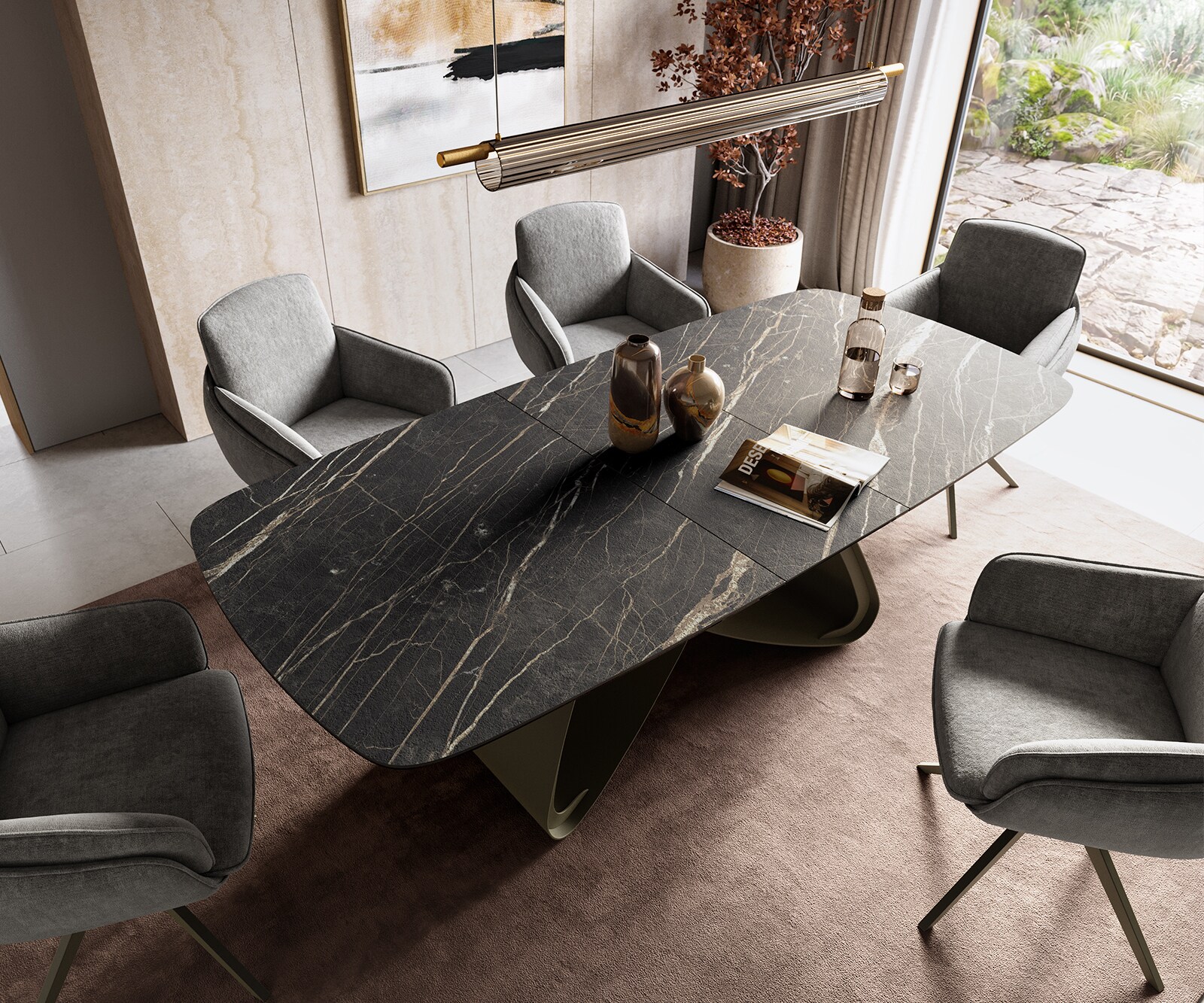Eettafel Edge Boot 180-220x100 cm Laminam® Keramiek Noir Desir Braun W-onderstel Effectafwerking Titan uitschuifbaar 4