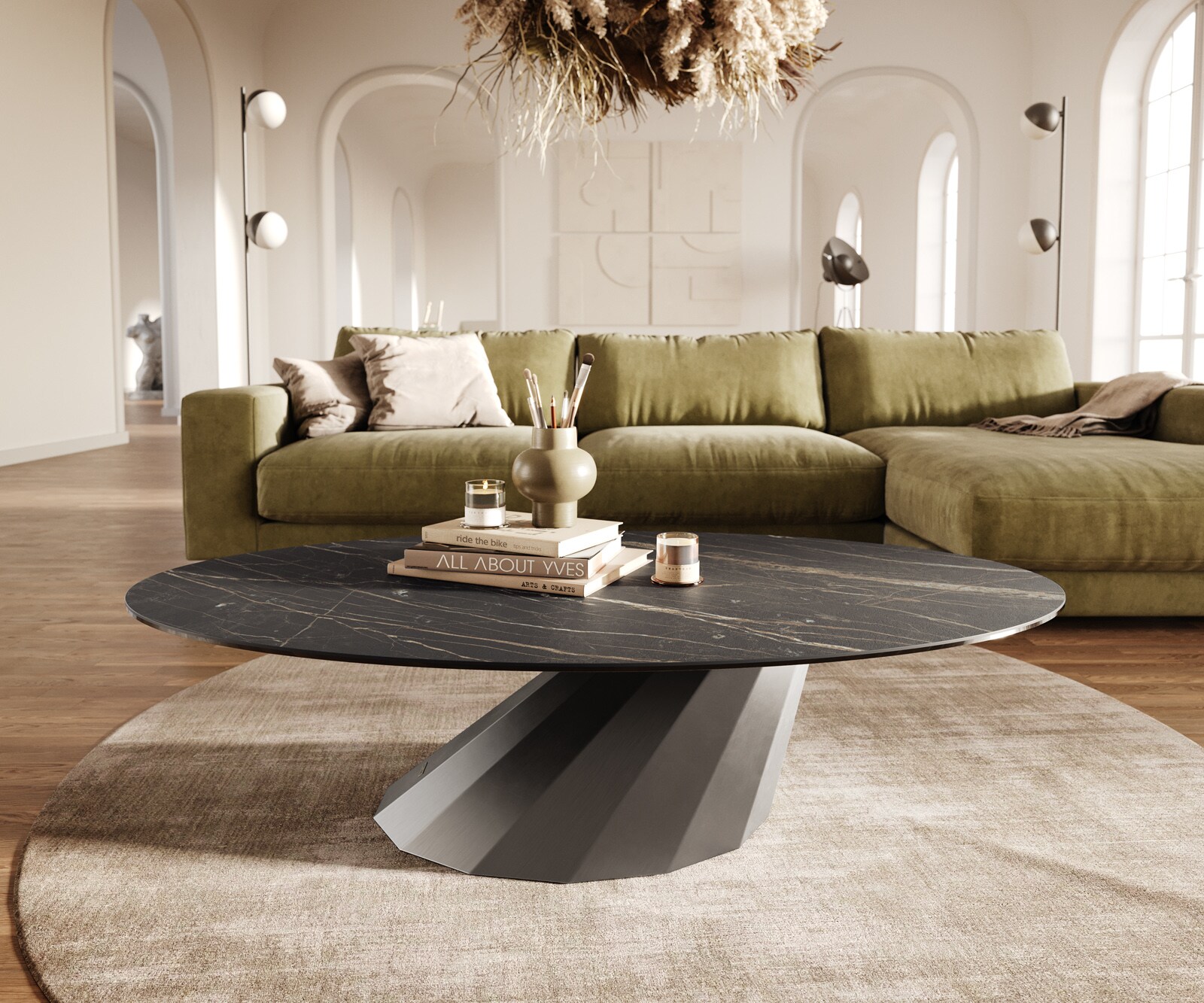 Salontafel Edge Oval 140x80 cm keramiek Laminam® Noir Desir bruin Parabi geborsteld roestvrij staal 2