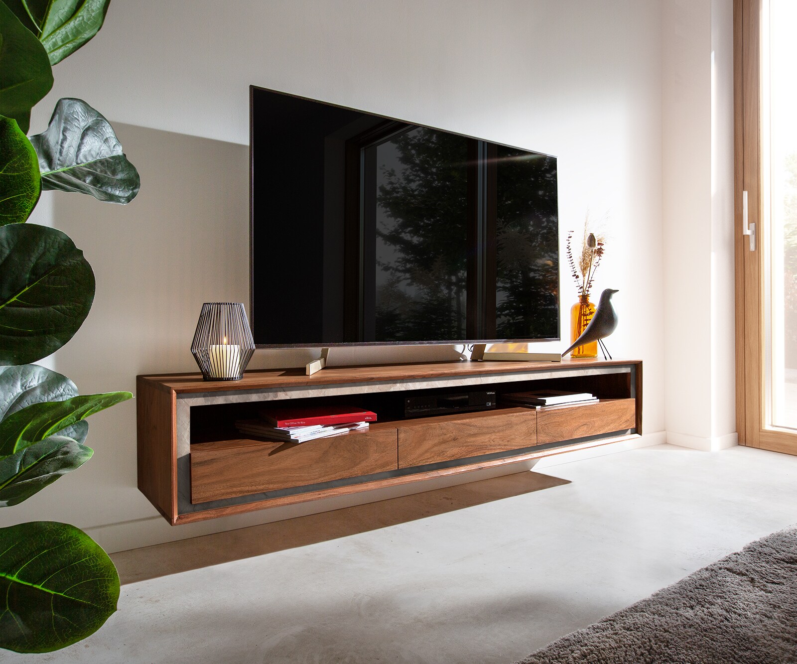 Tv-meubel Stonegrace 175 cm acacia bruin steenfineer 3 laden 1 legbord zwevend 1