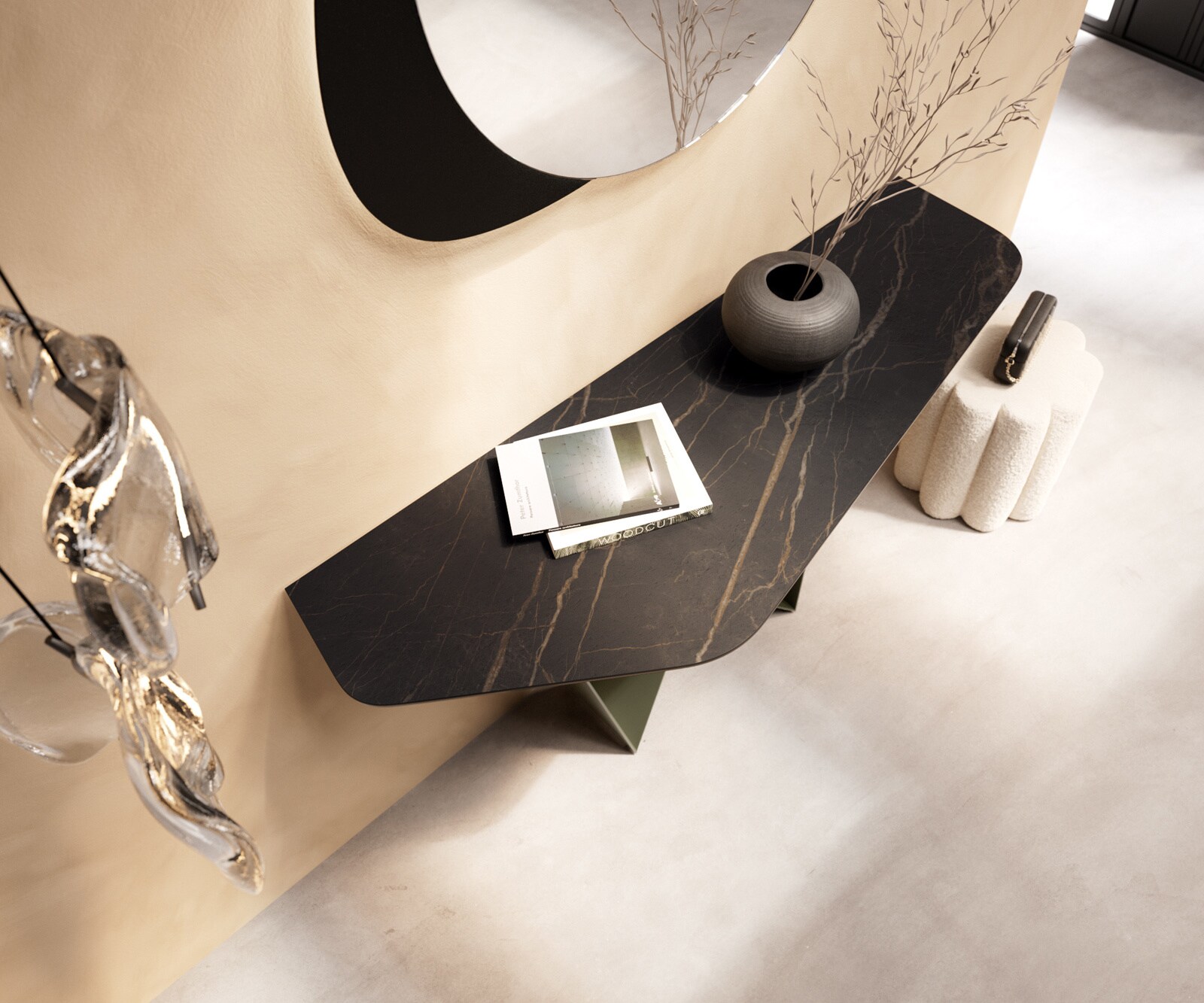 Consoletafel Edge Polygonaal 140x50 cm Keramiek Laminam® Noir Desir Braun Spios Metaal Effektfinish Titan 2