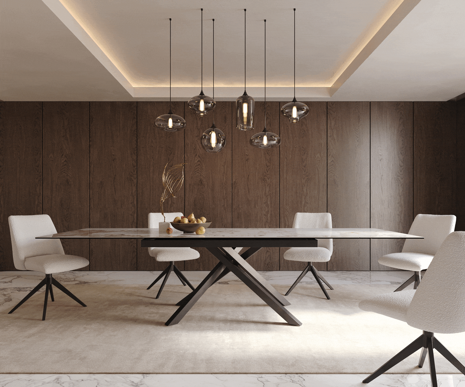 Eetkamertafel Edge 200-300x100 keramiek Minas Melange wit-beige kruisframe rechthoek zwart uitschuifbaar 1
