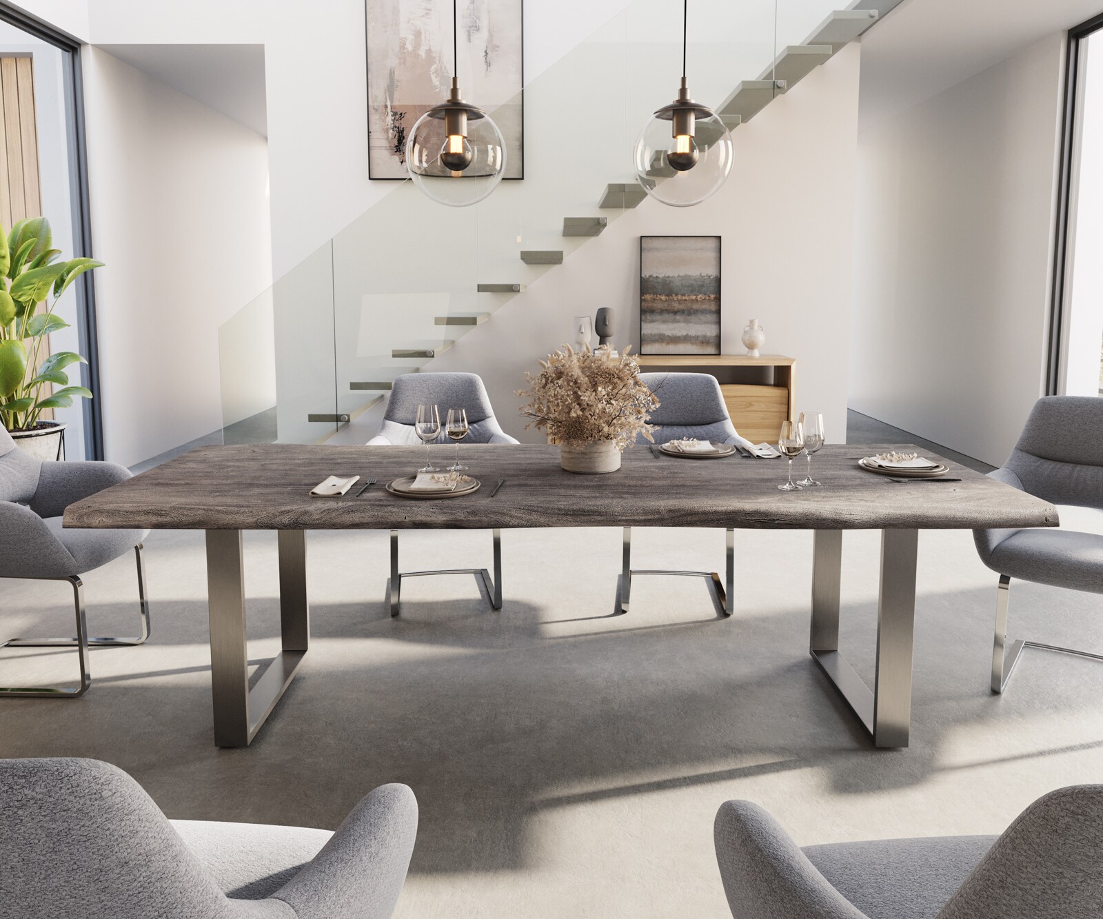 Eettafel Edge 260x100 XL acacia platina roestvrijstaal smal Live-Edge 2