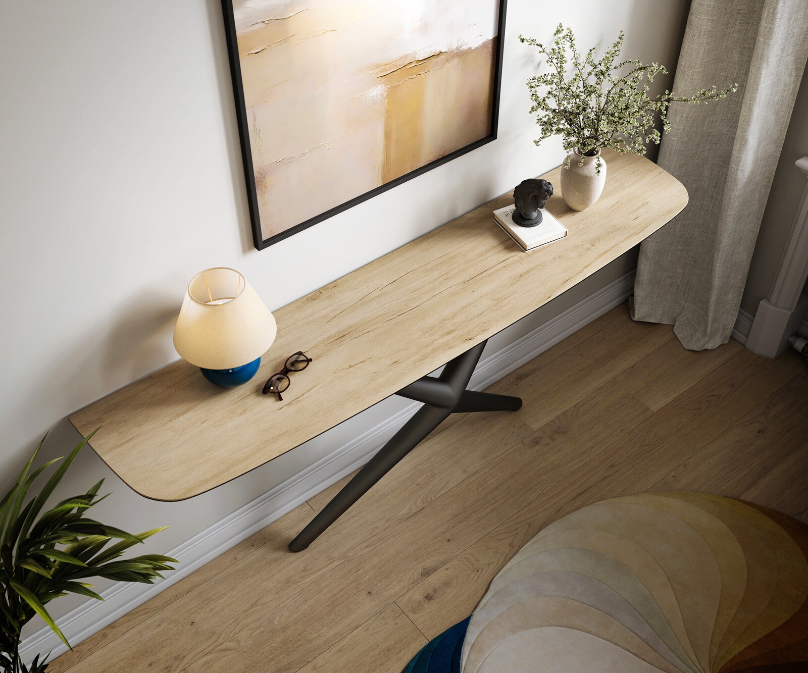 Consoletafel Edge Bootvorm 180x40 cm Keramiek Laminam® Sabbia Eichefarbig Estelo Metaal Zwart 2