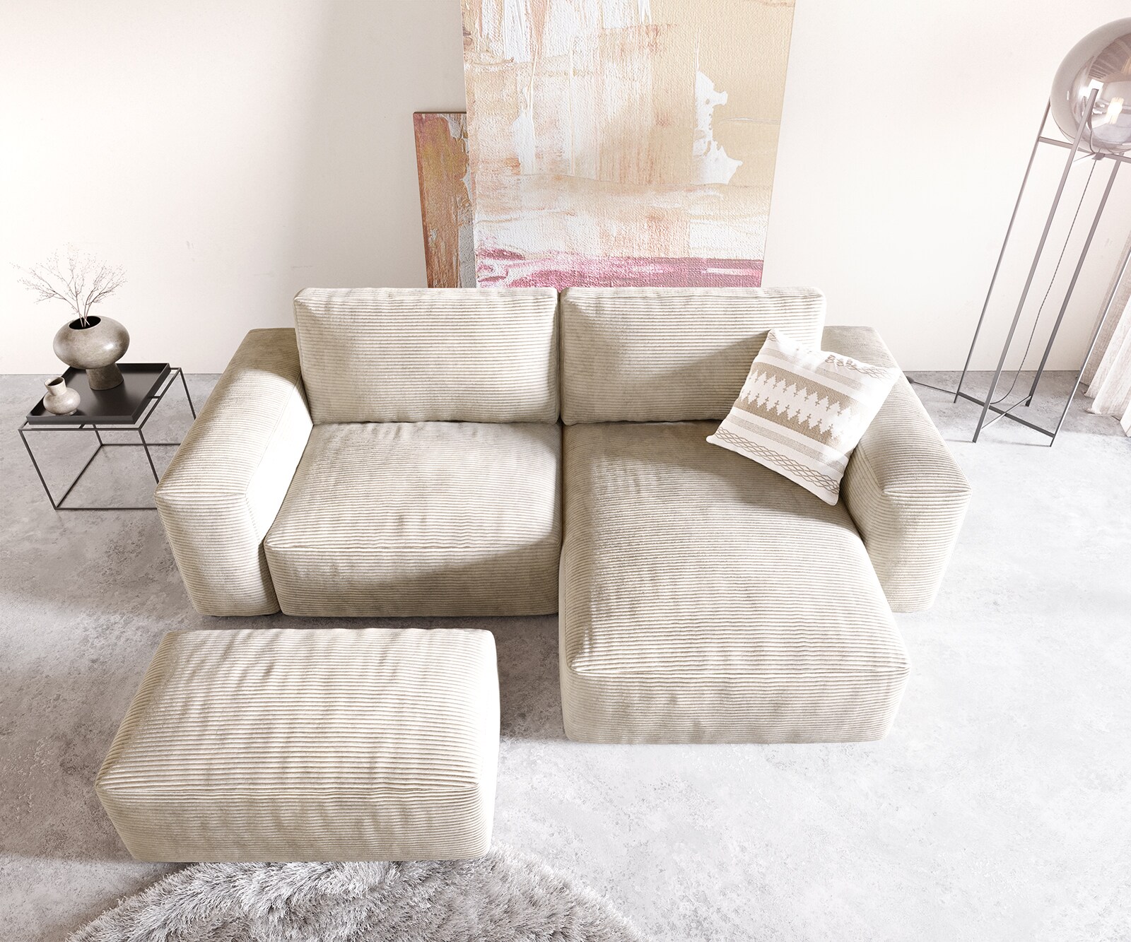 Hoeksofa Lanzo 230x155 cm ribcord beige met variabele recamière en hocker 3