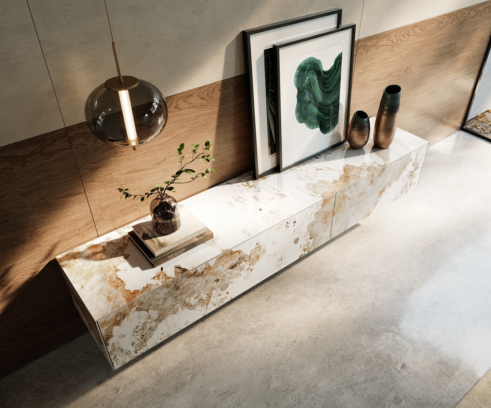 Tv-meubel Cuor 220 cm Keramiek Minas Melange Wit-beige 1 Flap 2 Laden Zwevend 3 Tv-meubel Cuor 220 cm Keramiek Minas Melange Wit-beige 1 Flap 2 Laden Zwevend 3