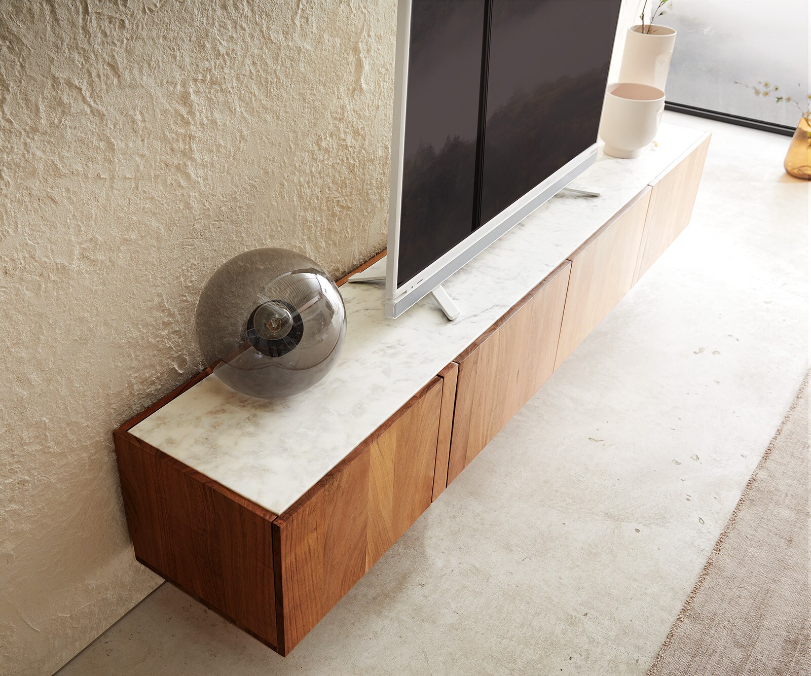 TV-meubel Secara 220 cm acacia natuur 4 deuren marmer zwevend 5 TV-meubel Secara 220 cm acacia natuur 4 deuren marmer zwevend 5