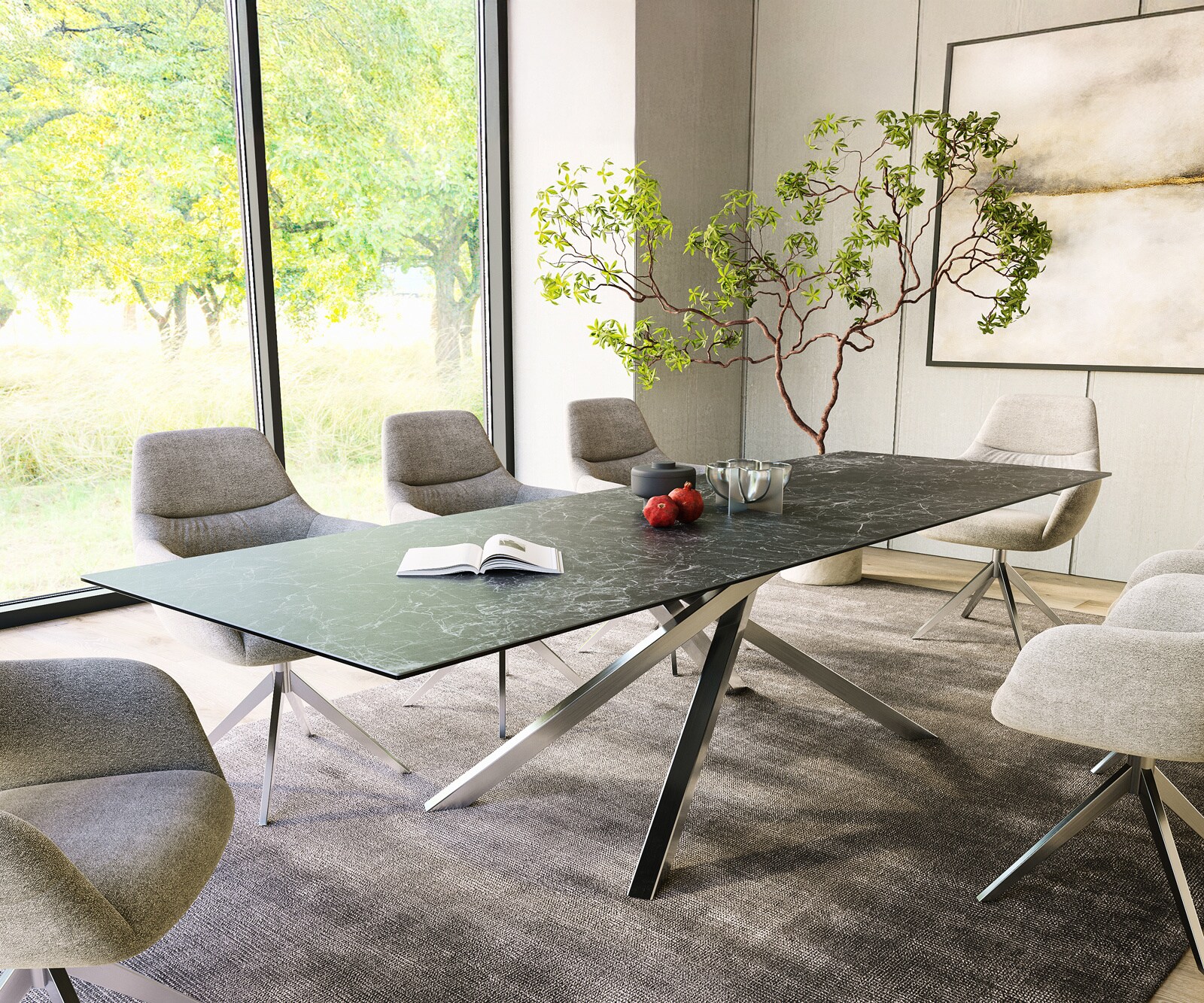 Eettafel Edge 300x100cm Laminam® keramiek grijs middenpoot kruis zilver
