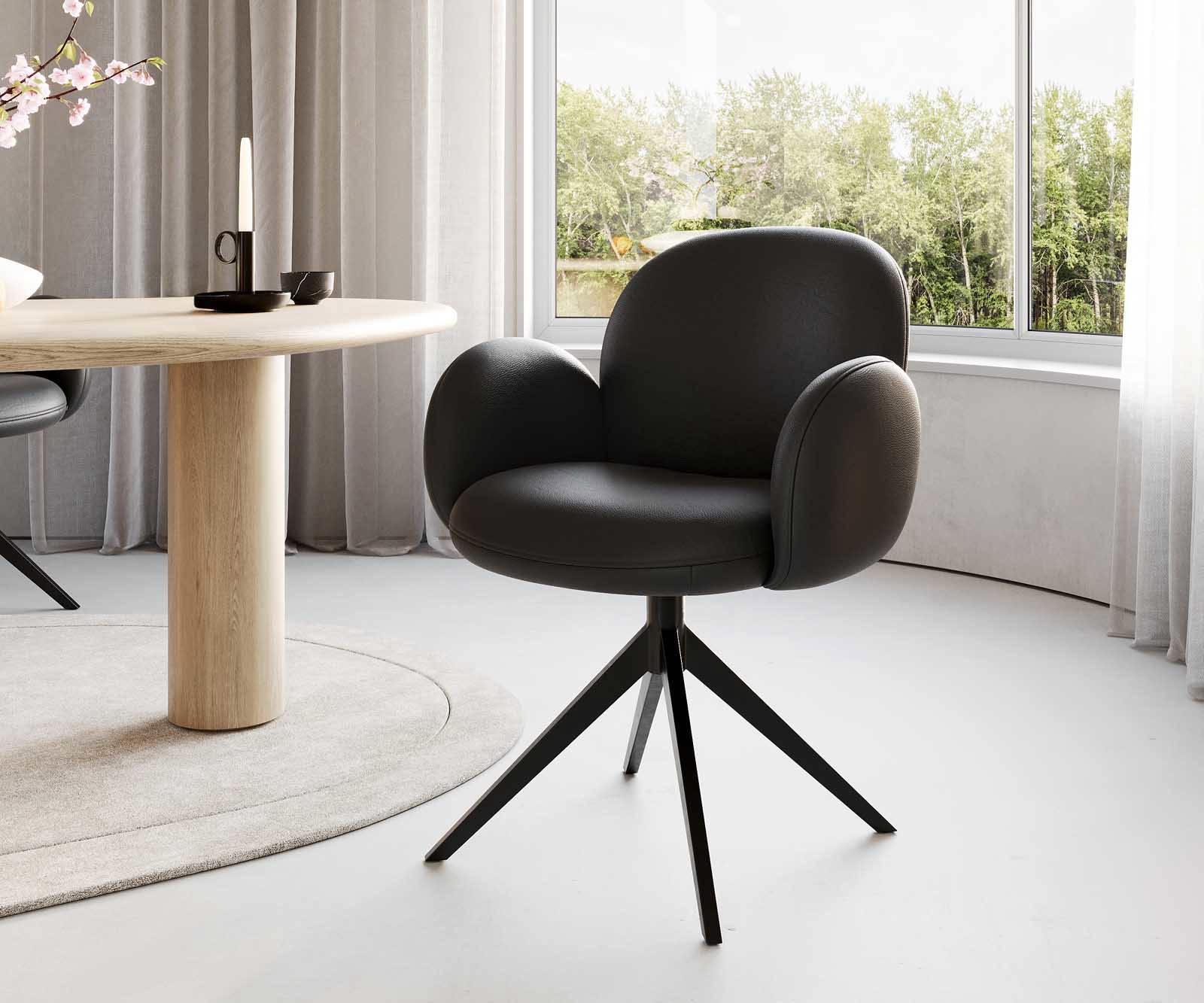 Draaistoel Nube-Flex met armleuning echt leer zwart kruisframe breed zwart 360° draaibaar pocketveer kern