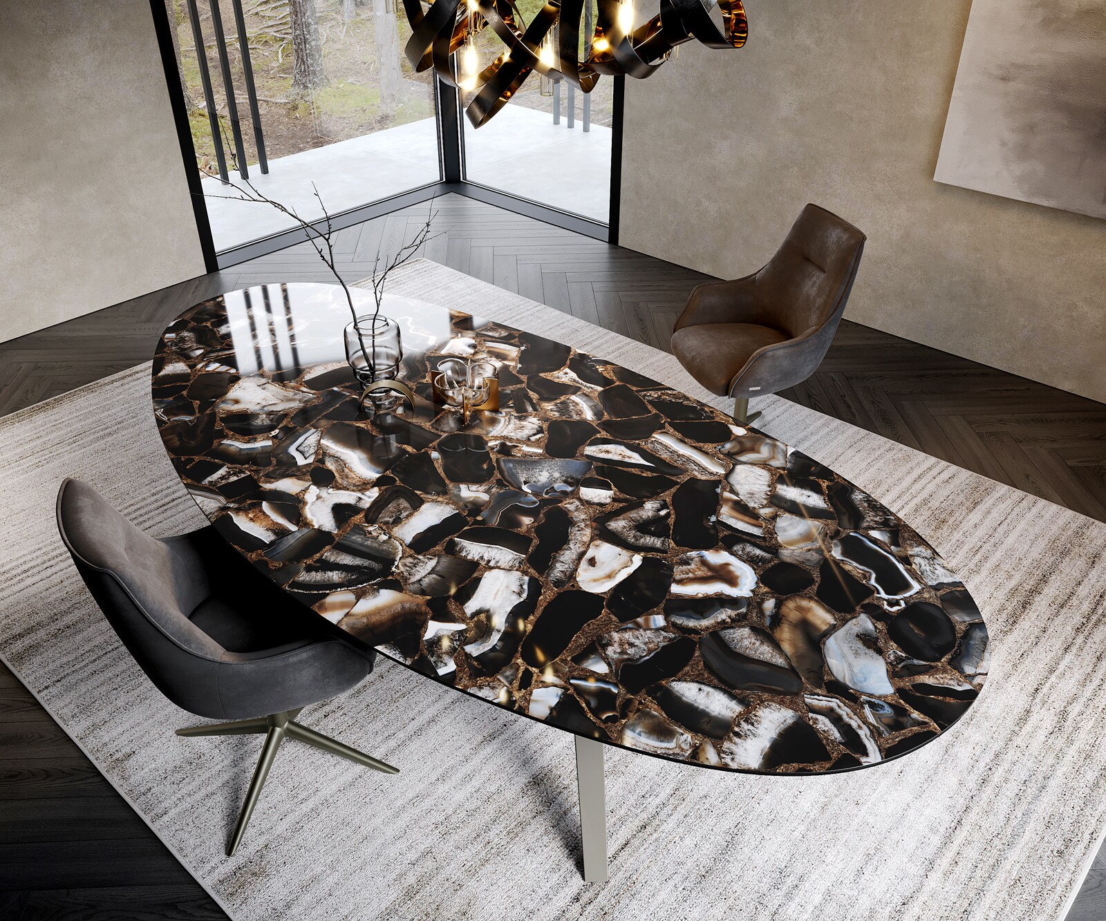 Eetkamertafel Edge ovaal 280x130 keramiek Iris FMG Agatablack Zenthara hoekig metaal effectafwerking titaan 2