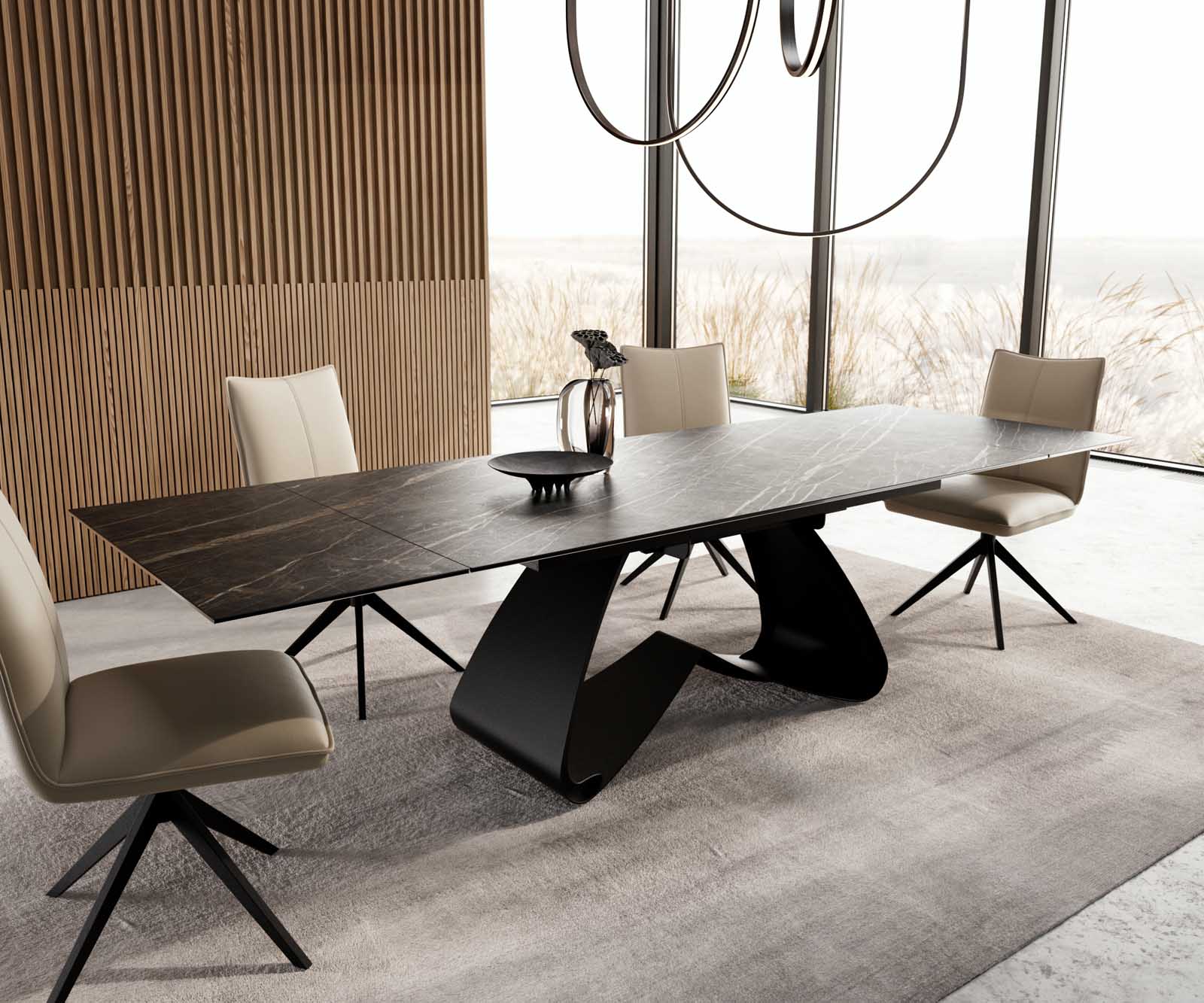 Eetkamertafel Edge 200-300x100 keramiek Laminam®Noir Desir bruin W-frame zwart uitschuifbaar 7