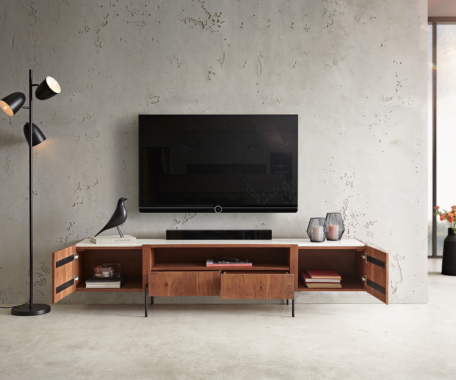 TV-meubel Secara 200 cm acacia bruin 2 deuren 2 laden marmeren poten zwart 3 TV-meubel Secara 200 cm acacia bruin 2 deuren 2 laden marmeren poten zwart 3