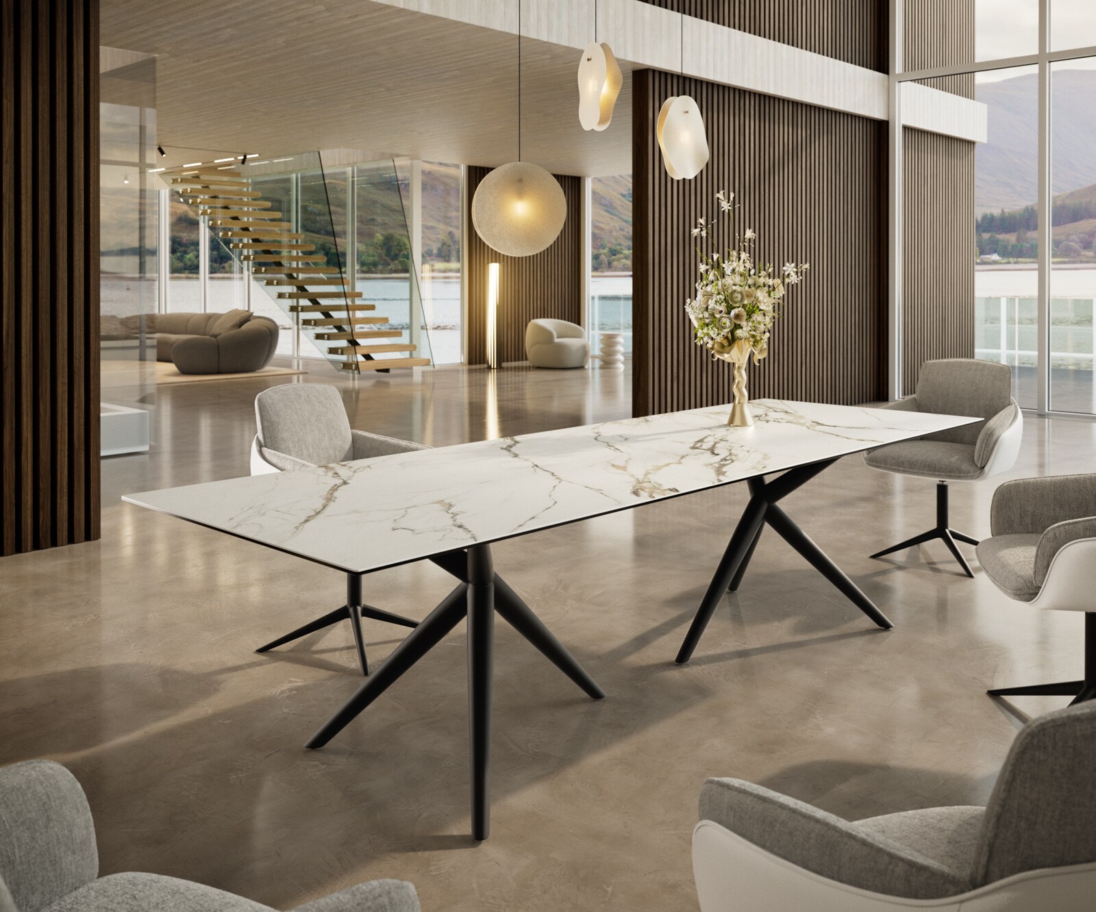 Eetkamertafel Edge 300x100 keramiek Calacatta Luxe wit-Gold-grijs Estelar rond  metaal zwart 1