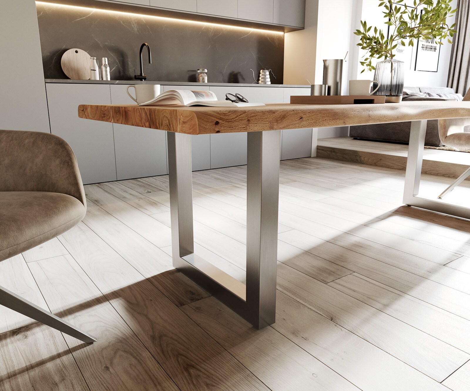 Eettafel Edge 260x100 XL acacia natuur roestvrijstaal breed Live-Edge 5