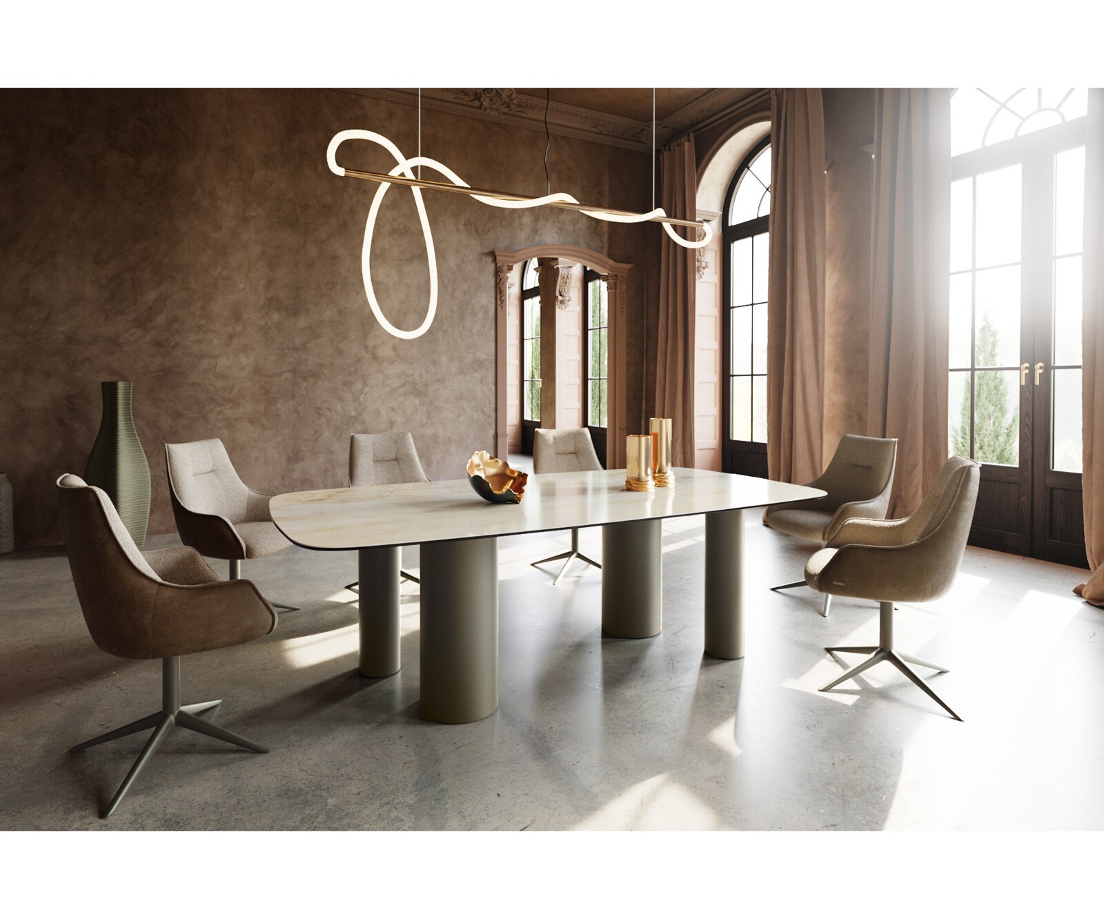 Eetkamertafel Edge Boot 240x120 keramiek Iris FMG Onice Oro Pilier metaal effectafwerking titaan 4