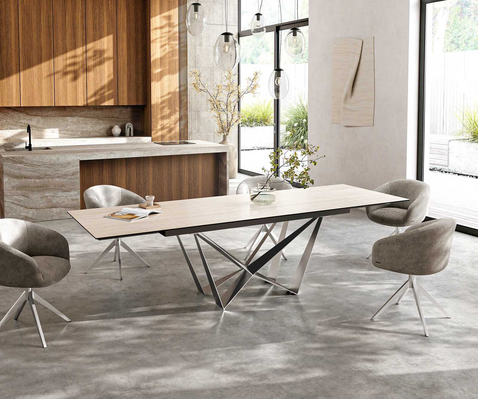 Eettafel Edge 200-300x100 keramiek  Laminam® Travertino Bianco Creme-wit Spider vlak staal RVS uitrekbaar 6