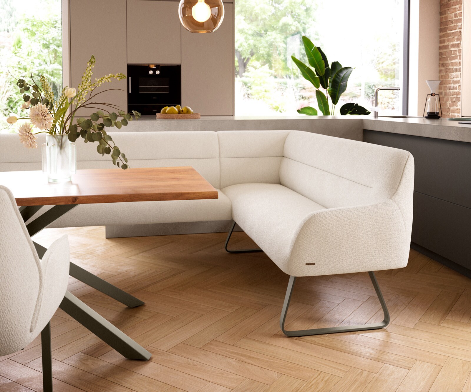 Eetkamerbank Taya-Flex 285x190 cm bouclé crème-wit platte sledebasis afwerking met titaniumeffect pocketvering links 5