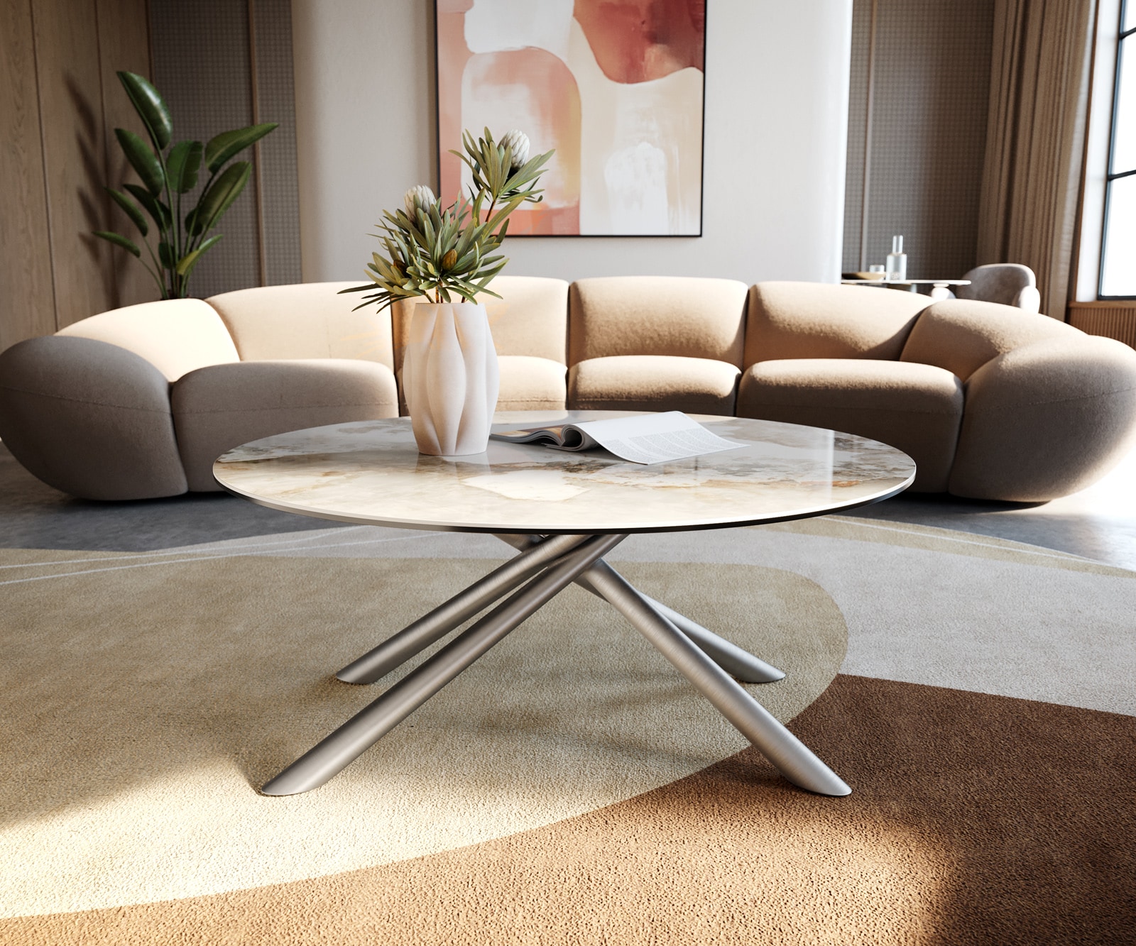 Salontafel Edge rond 90x90 cm keramiek Minas Melange Sarity geborsteld roestvrij staal 4