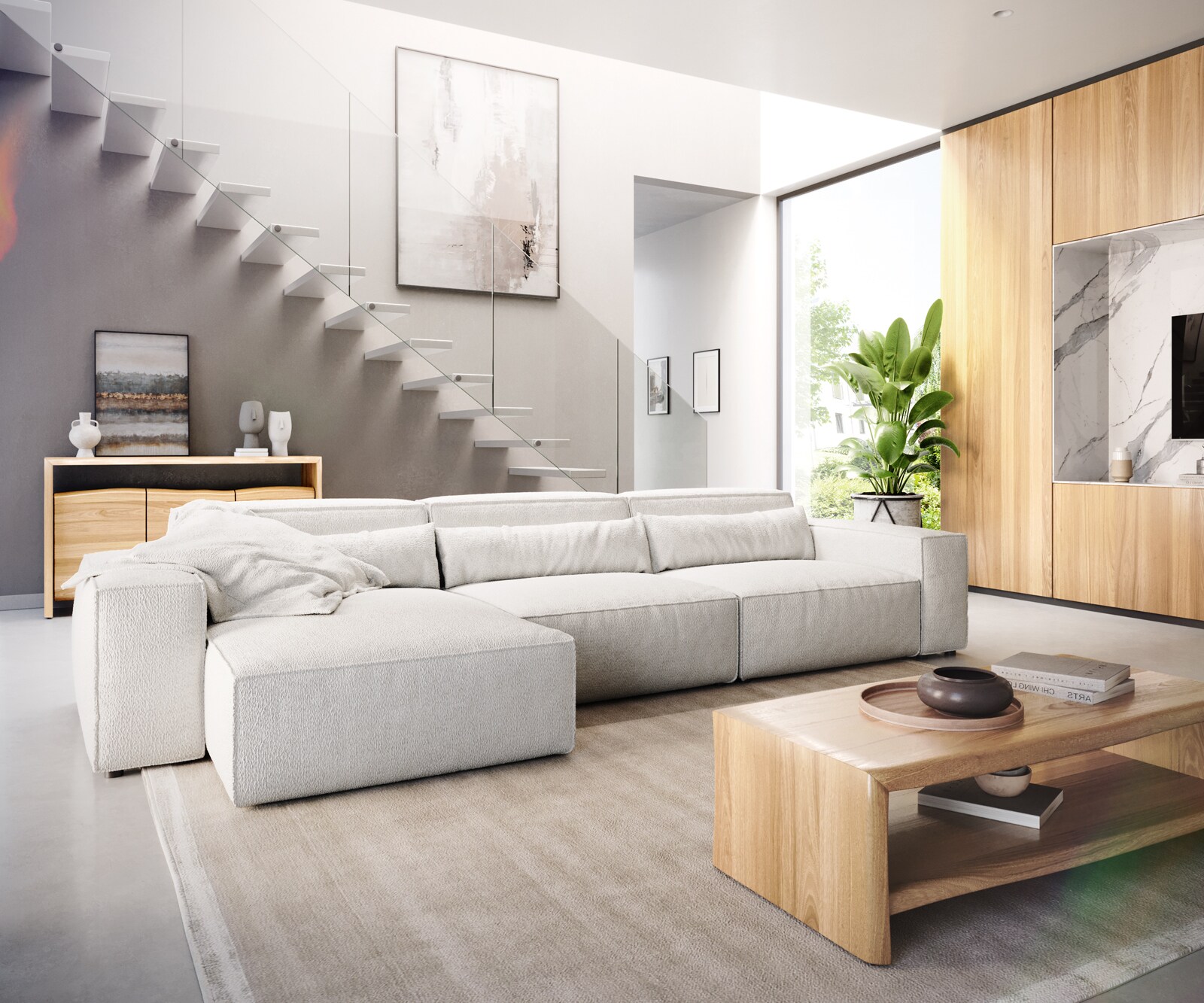Hoekbank Sirpio L 350x160 cm bouclee crème-wit recamiere variabele 1