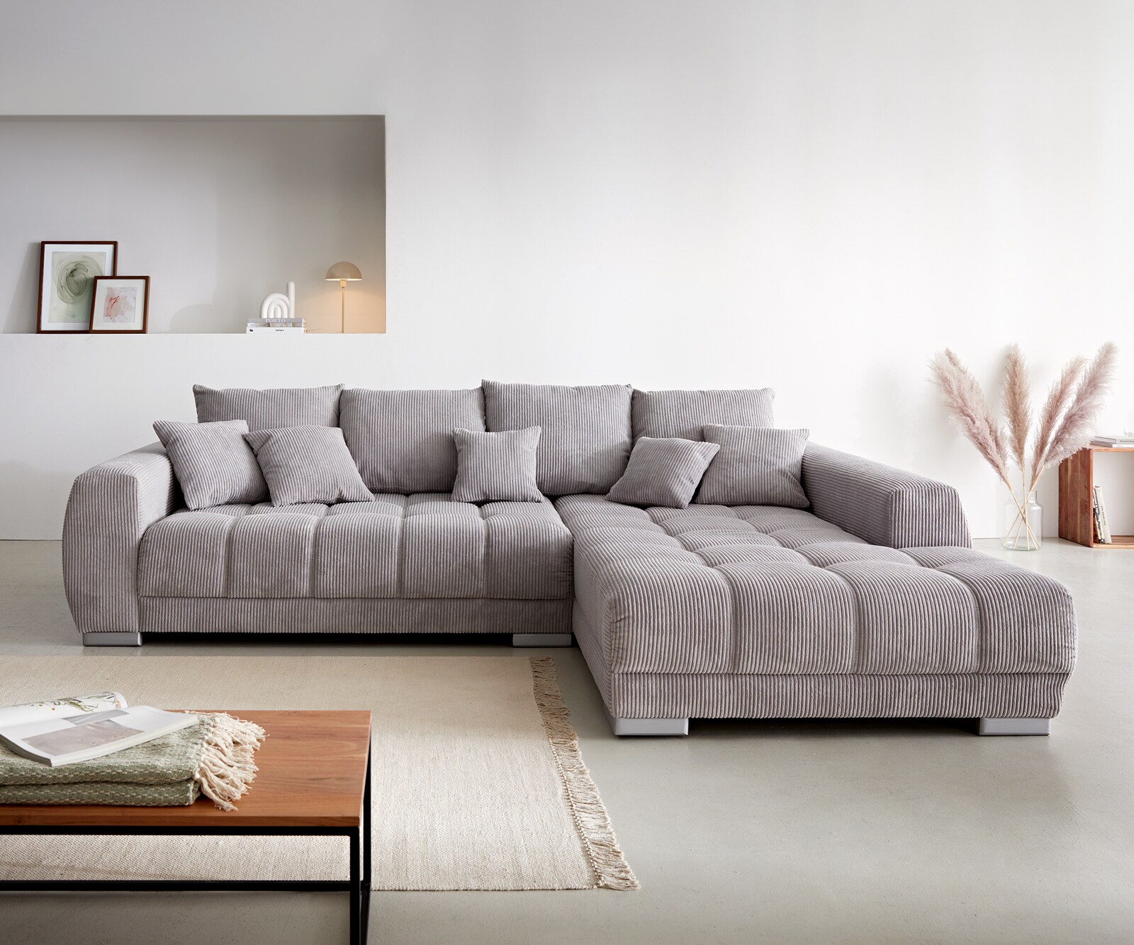 Hoekbank Josea 300x220 cm Cord zilvergrijs ottomaan rechts 2
