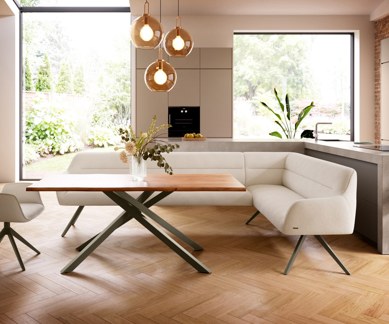 Eetkamerbank Taya-Flex 285x190 cm bouclé crème-wit hoekig kruisframe afwerking met titaniumeffect pocketvering links 2