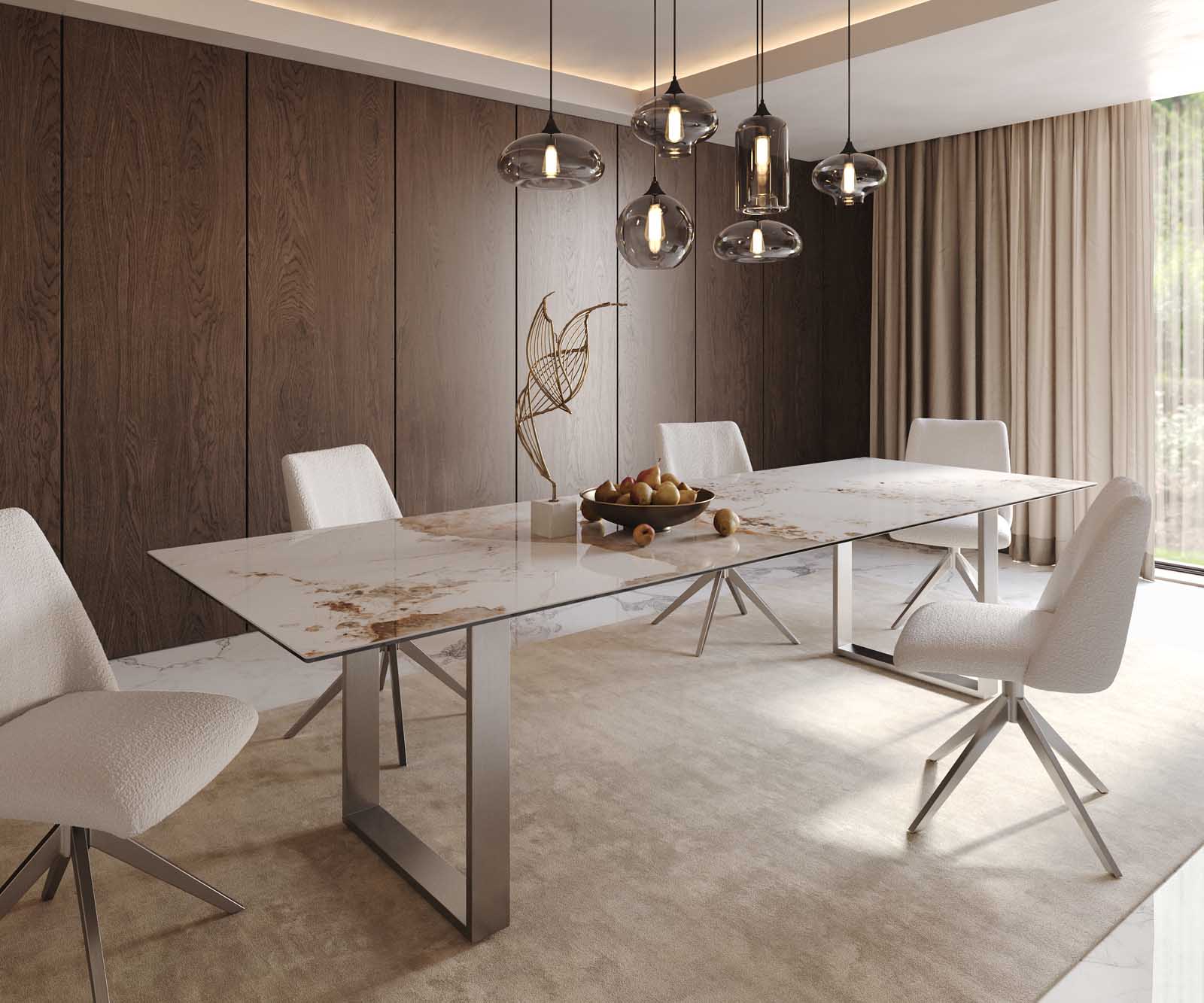 Eetkamertafel Edge 300x100 keramiek Minas Melange wit-beige RVS Schmal