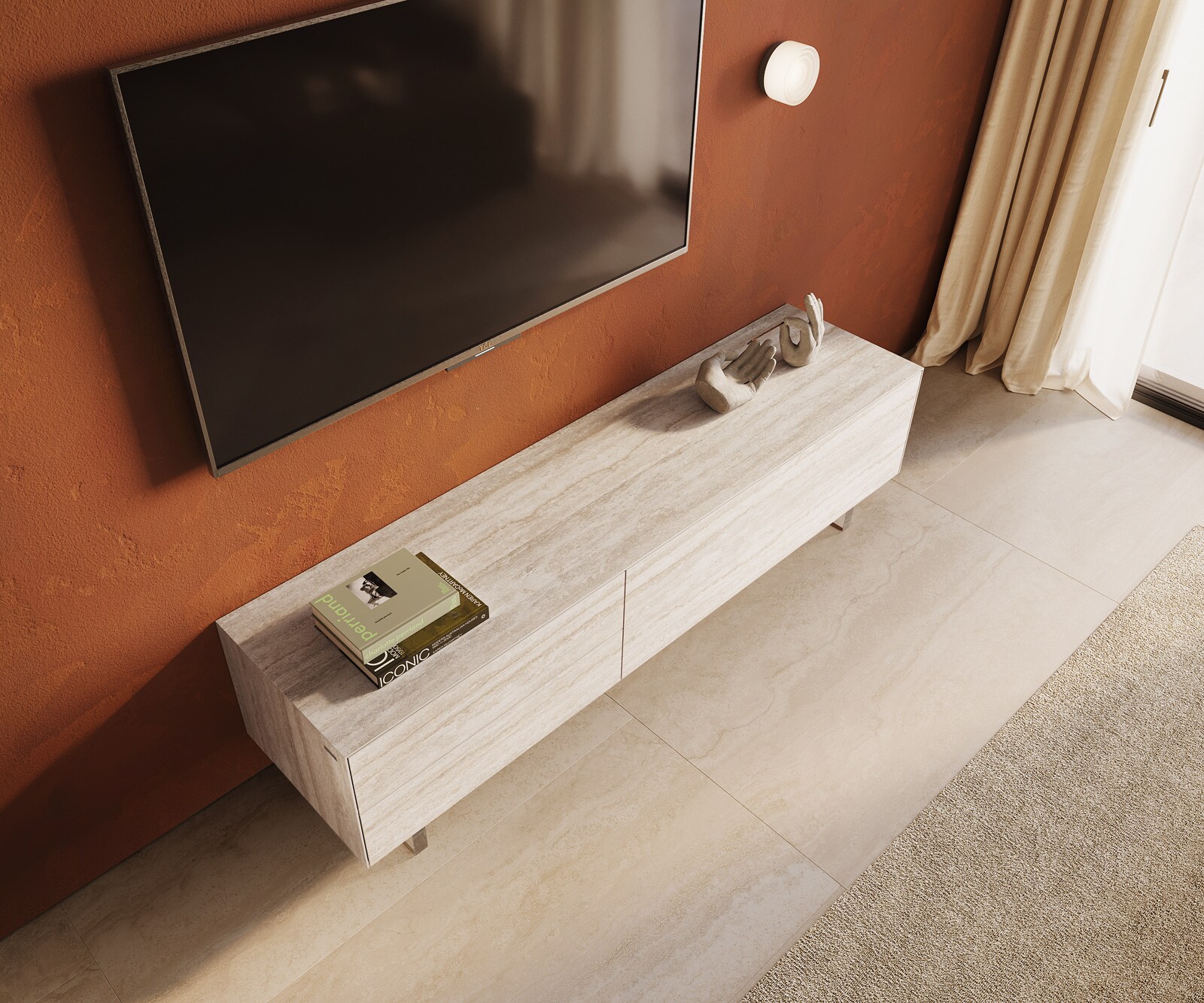 Tv-meubel Cuor 180 cm Keramiek Laminam® Travertino Bianco Crème-wit 1 Flap 2 Laden Zwevende voet look Acrylglas 4