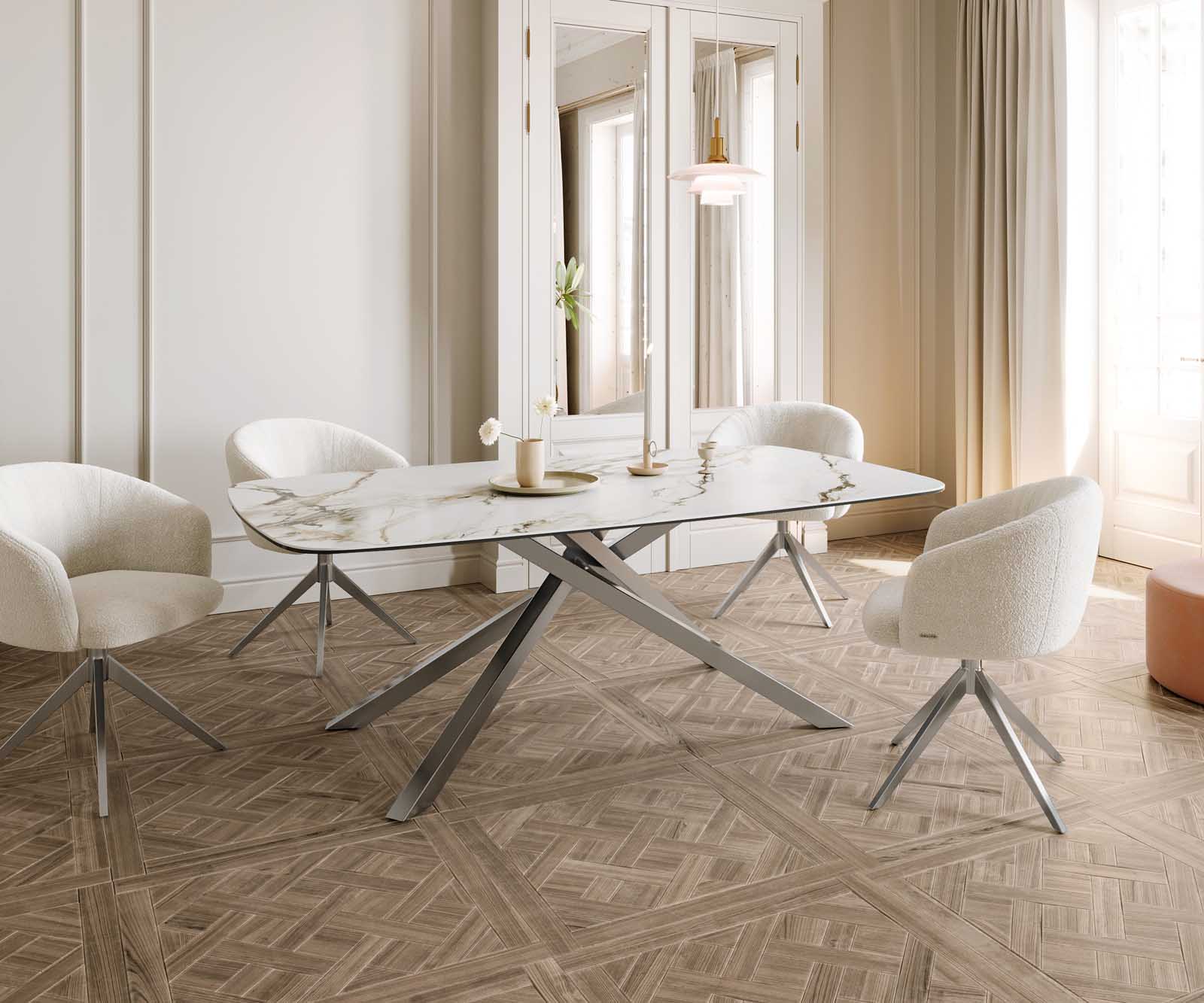Eetkamertafel Edge Boot 200x100 keramiek Calacatta Luxe wit-goud-grijs kruisframe rechthoek RVS 6