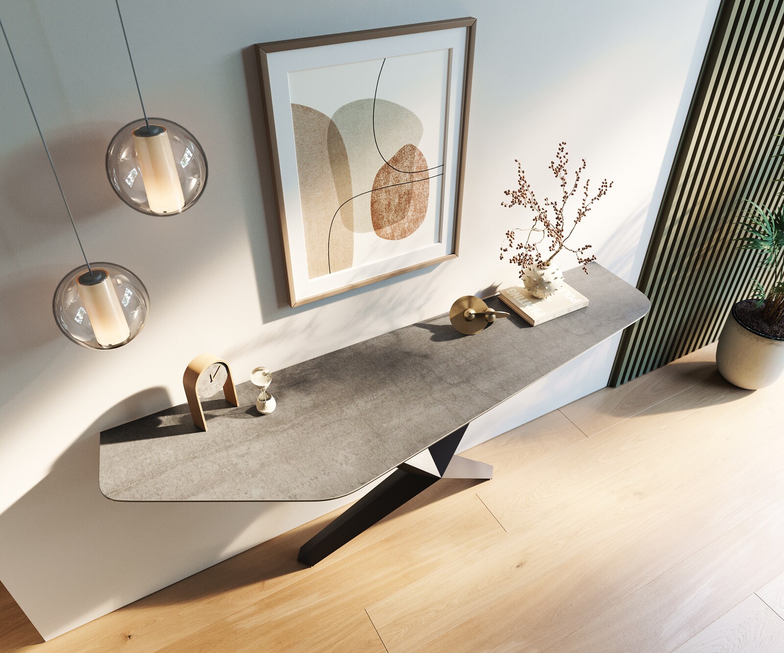 Consoletafel Edge Polygonaal 180x50 cm Keramiek Betongrijs Zentharo Metaal Zwart 2