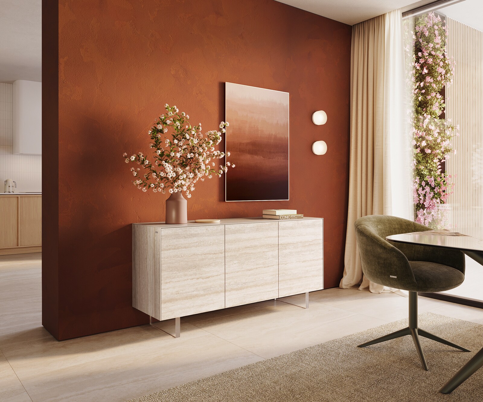 Dressoir Cuor 150 cm Keramiek Laminam® Travertino Bianco Crème-wit 3 Deuren Zwevende voet look Acrylglas