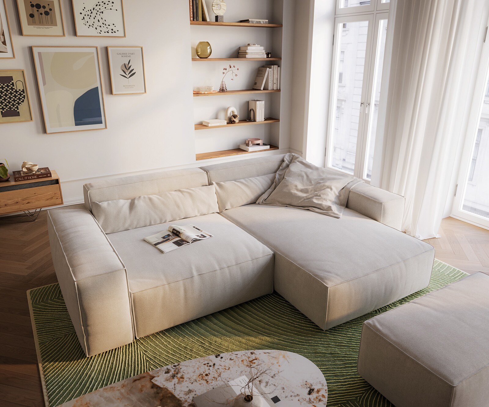 Hoekbank Sirpio XL 270x170 cm Zachte structuurstof Beige Chaise longue variabel met hocker 3