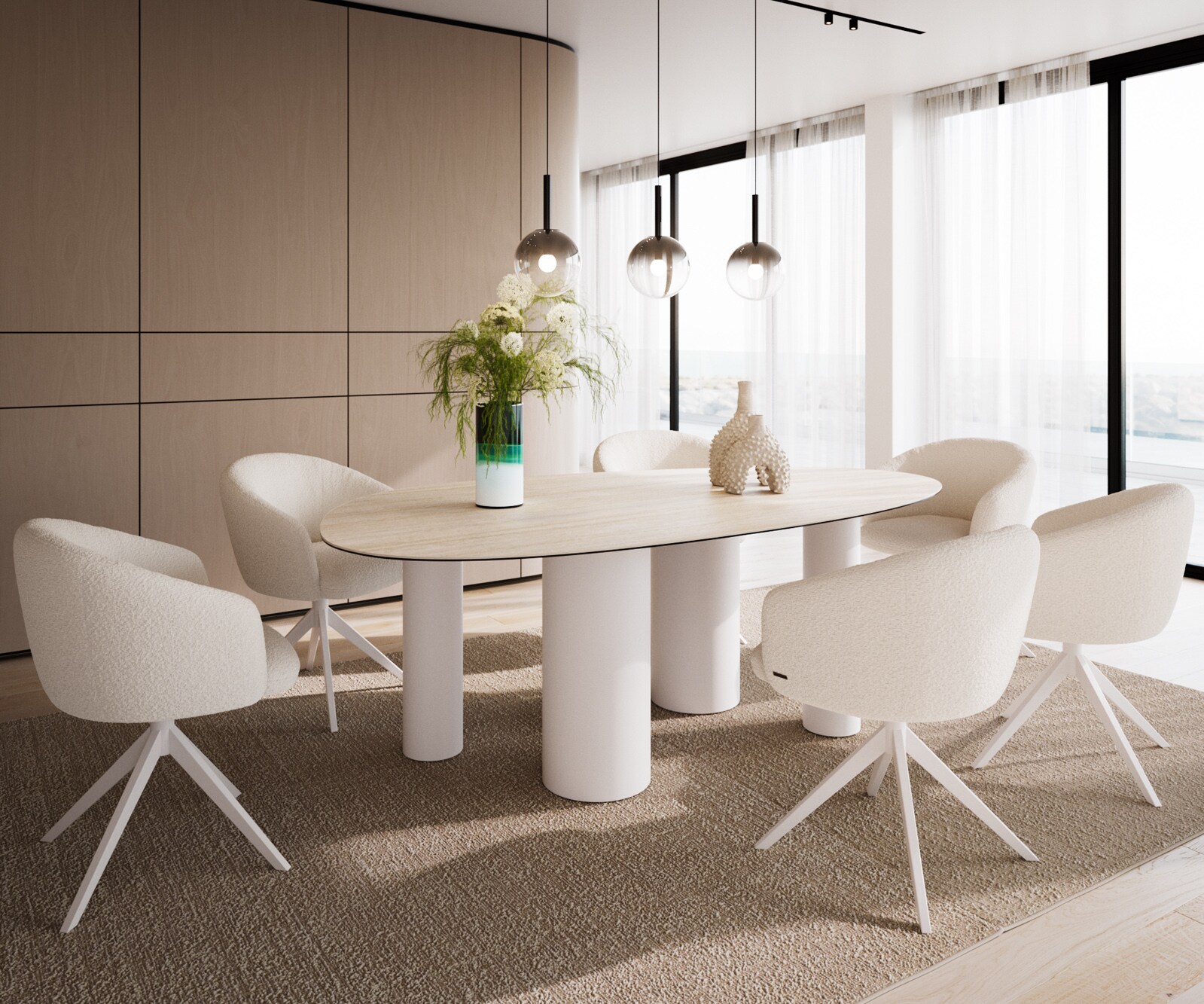 Eetkamertafel Edge ovaal 220x120 keramiek Laminam®Travertino Bianco Creme-wit ​Pilier metaal wit 6