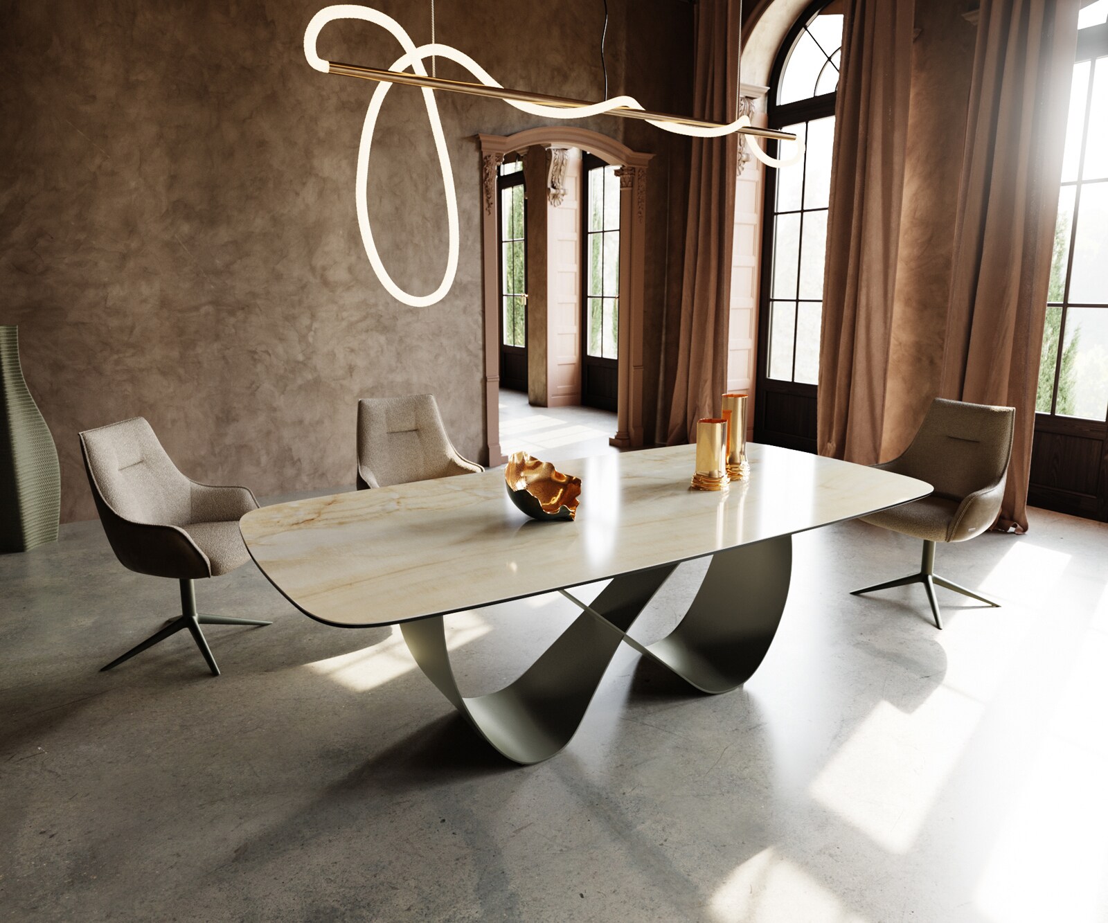 Eetkamertafel Edge Boot 240x120 cm Keramiek Iris FMG Onice Oro Infinity Metaal Effectafwerking Titan 1