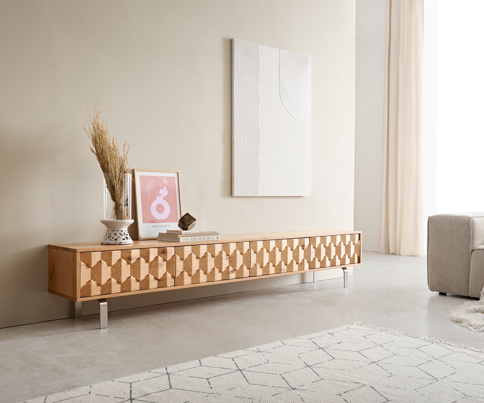 Tv-meubel Fevo 220 cm eiken natuur 4 laden L-onderstel rvs